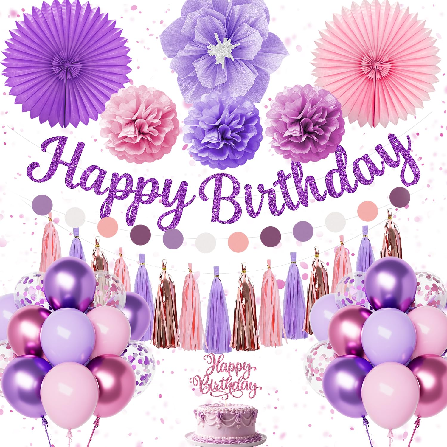 Pink Purple Birthday Decorations Women Girls, Happy Birthday Decorations