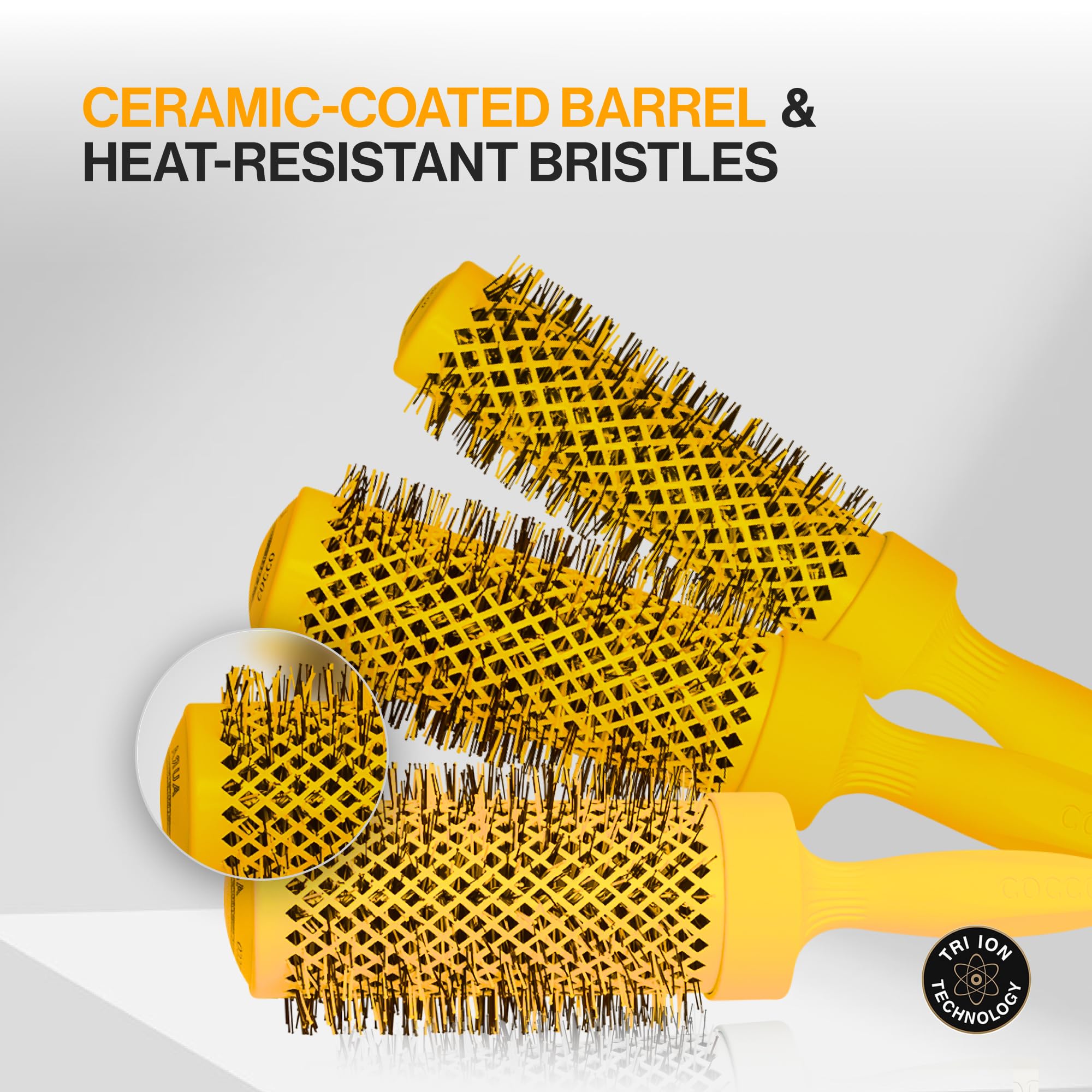 COCCO Aura Brush - Juego de cepillos redondos y de cerámica para mujer, secado y control del encrespamiento, cerdas de turmalina, agarre ergonómico, juego de peinado completo, color amarillo