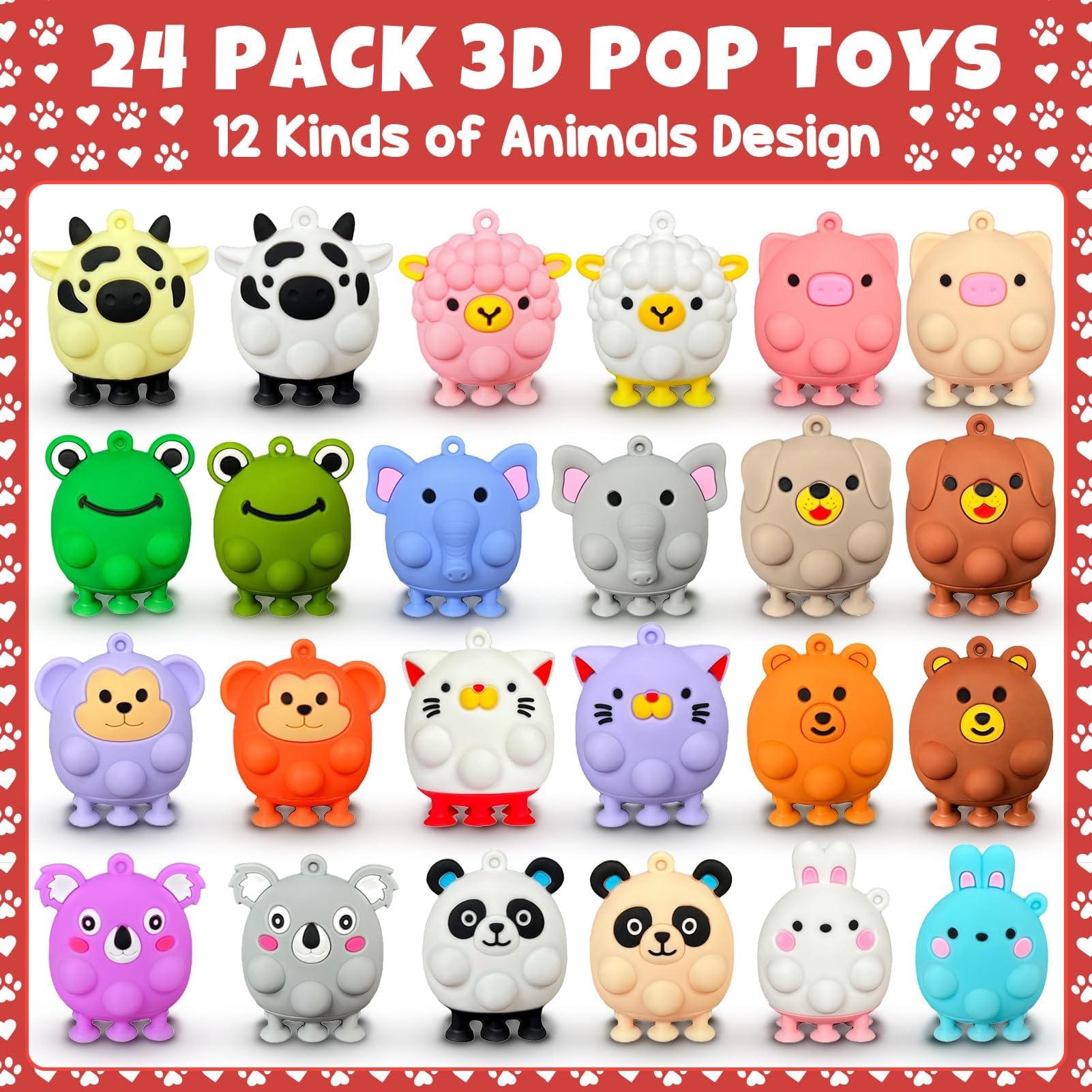 unitedessentialgoods Valentines Gifts for Kids - 24 Pack 3D Animal Suction Toy Fidget Pop Toy with Gift Cards for Kid Boys Girls, Party Favors School Classroom Gifts Exchange Goodie Bags Valentines Basket Stuffer 3