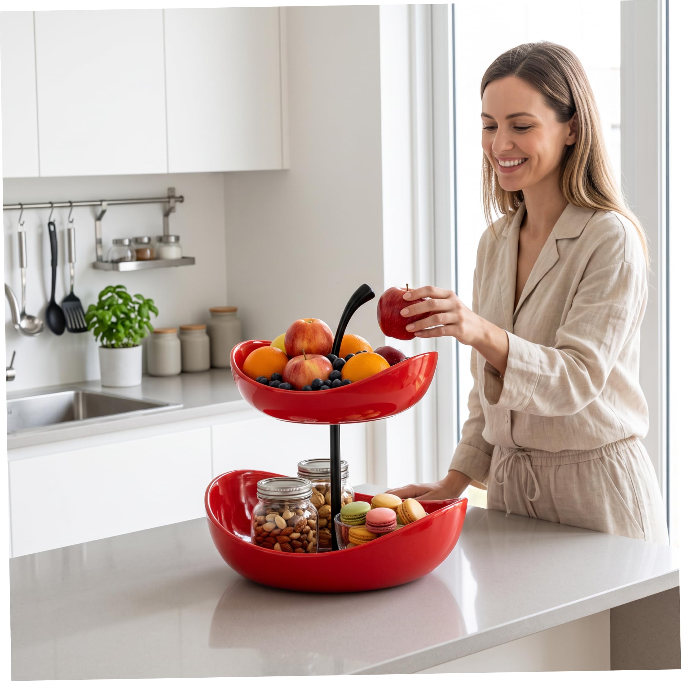 Alzata per frutta Cestino per frutta in ceramica a 2 livelli con manico in ceramica, rosso