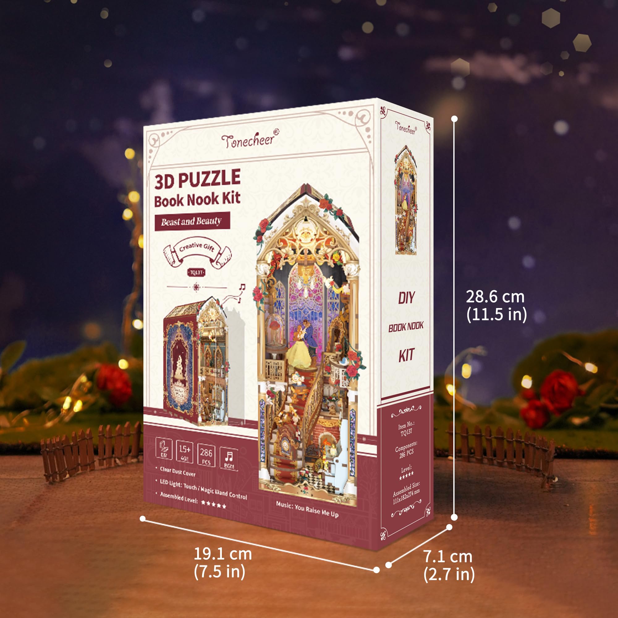 Tonecheer Kit de rincón de Libros para Adultos, Rompecabezas de Madera 3D para sujetalibros, Casa en Miniatura con Luces LED (Bestia y Belleza)