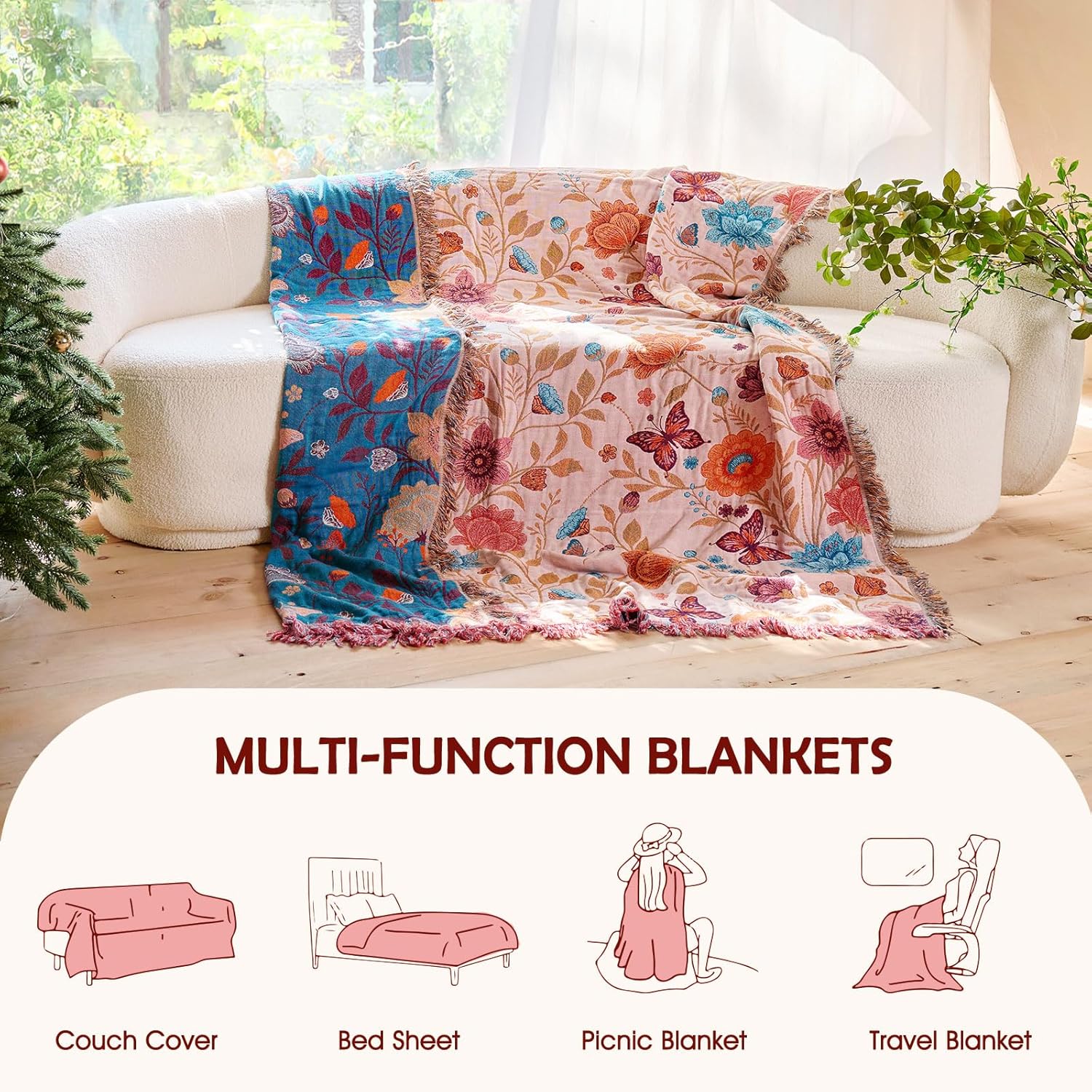 Boho Throw Blanket - 100% Cotton Ultra Soft Muslin Blanket, 60"x80" Lightweight Floral Butterfly Framhouse Bedding Fall Blanket for Bed, All Season Beige Bohemian Bedroom Home Decor Quilt - Image 6