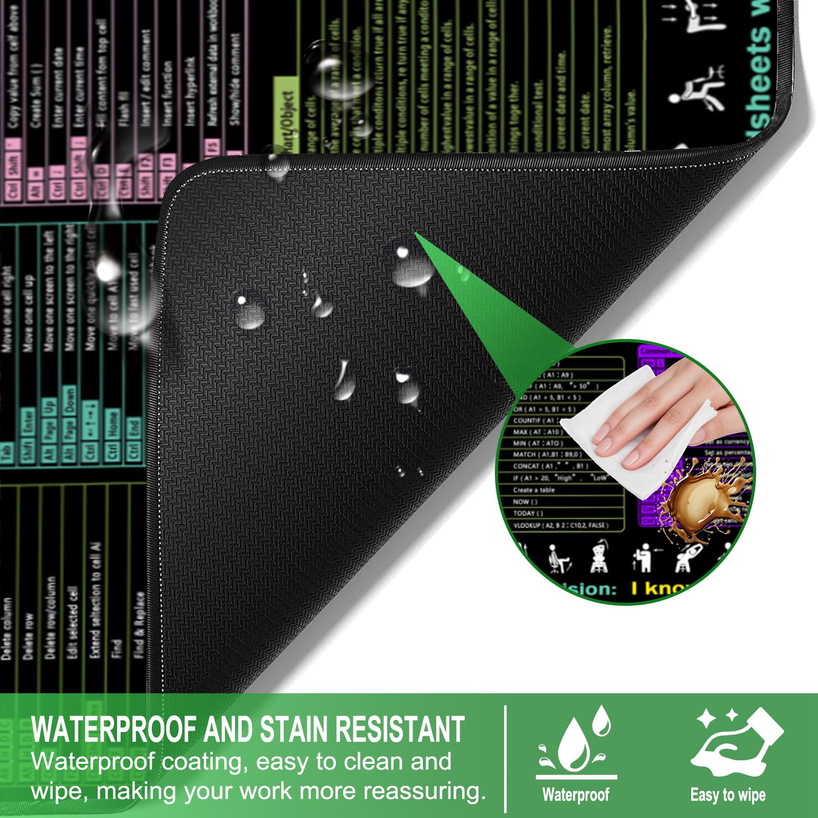 Excel Cheat Sheet Desk Mat, XXL Large Mouse Pad 40x90x0.3cm, Excel Shortcuts Mousemat - Gaming Mousepad, for Home Ofice Desks Computer Keyboard Laptop Protector Black Decor Accessories Gifts — view 7
