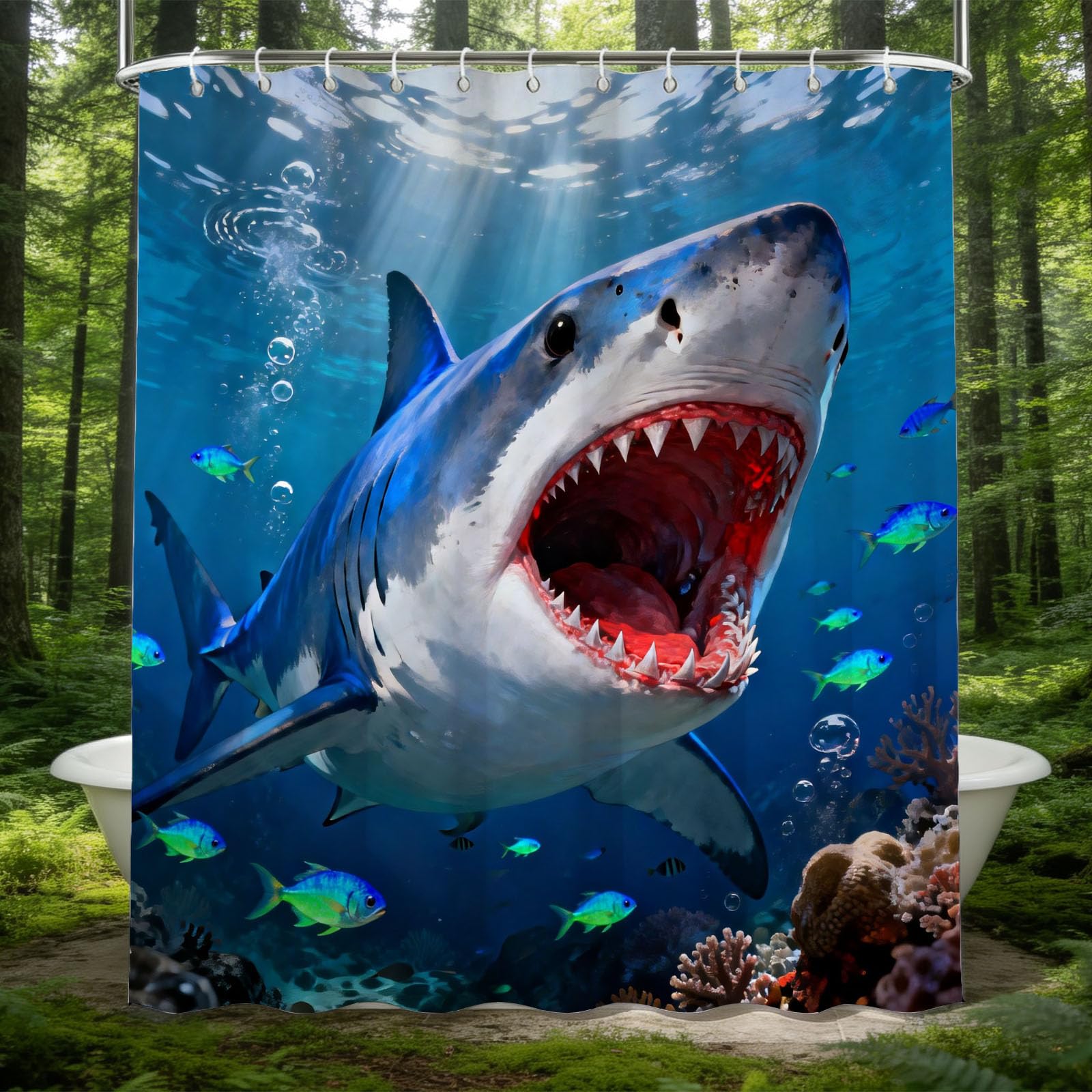 Hongduo 3D Shark Illustration Shower Curtain for Stalls Bathtubs Marine Life Bathroom Decor Shower Curtain Set Polyester Fabric Waterproof 180x200cm/71X79 Inch with Hooks