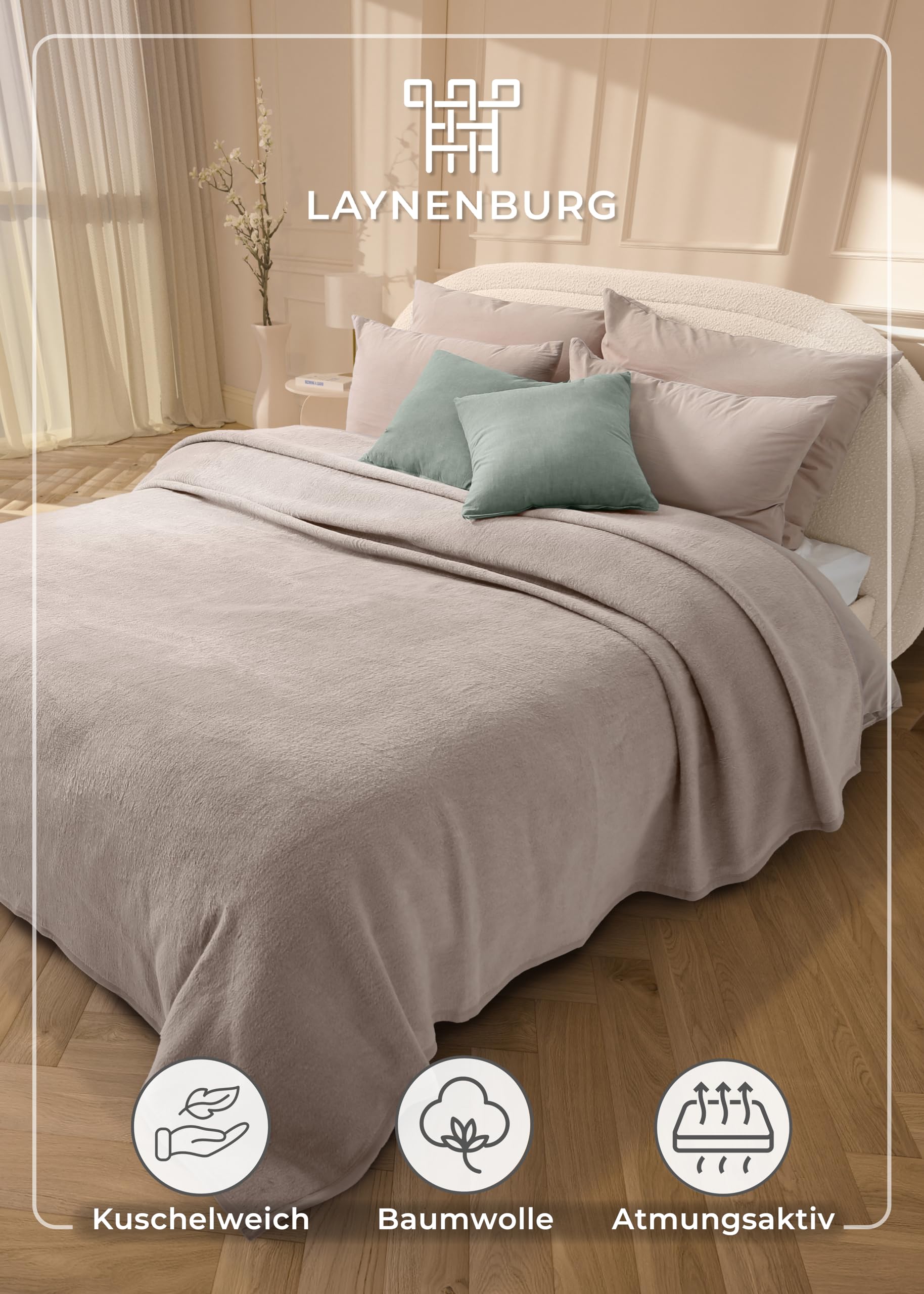 LAYNENBURG Premium Baumwolldecke 150x200 cm - Oeko-TEX 100 - Baumwollmix Kuscheldecke - Decke als Wohndecke, Sofa-Decke & Couchdecke - Wolldecke kuschelig-warm aus Baumwolle (Taupe)