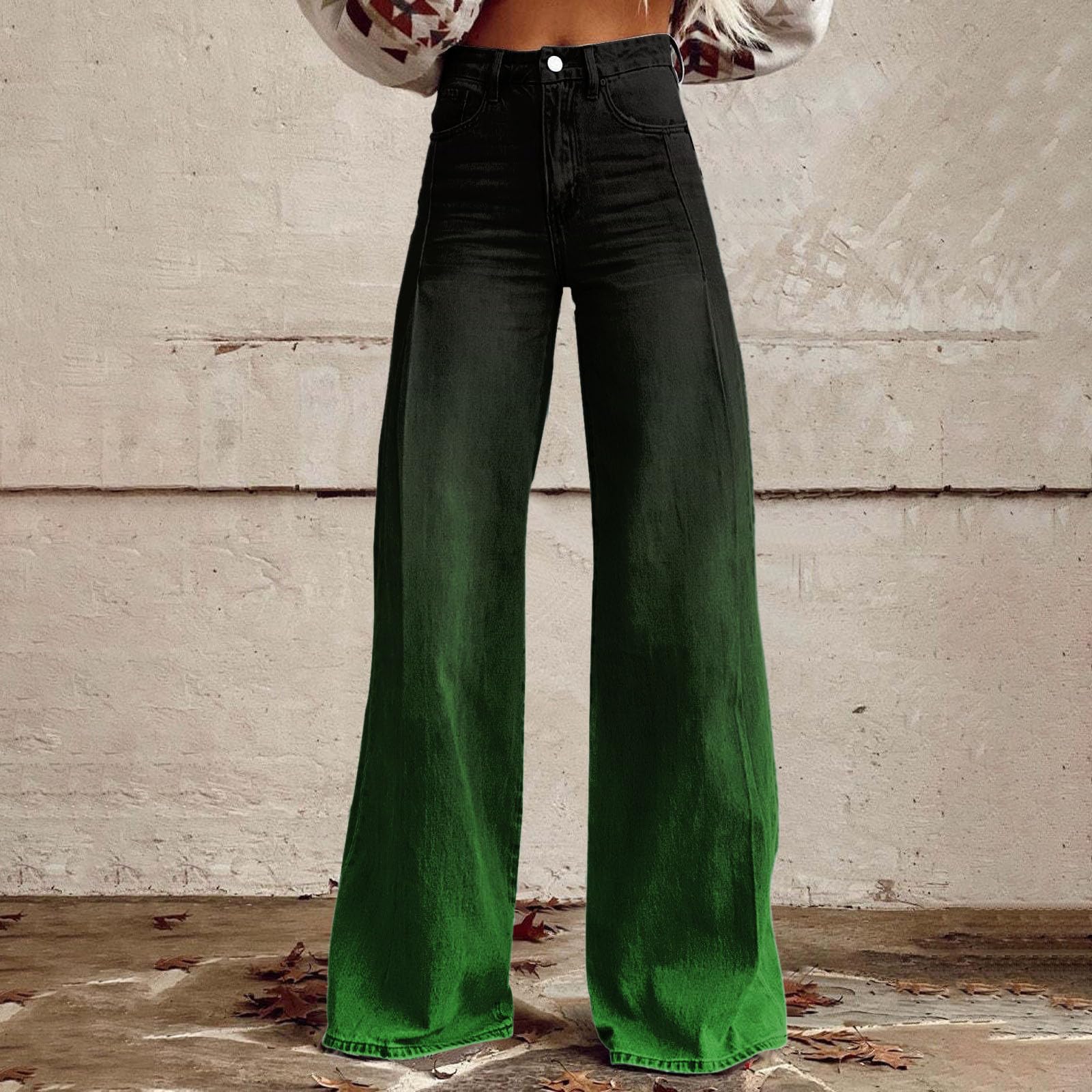 Jeans da donna a vita alta, extra lunghi, in denim, con stampa sfumata, stile retrò, con tasche e bottoni
