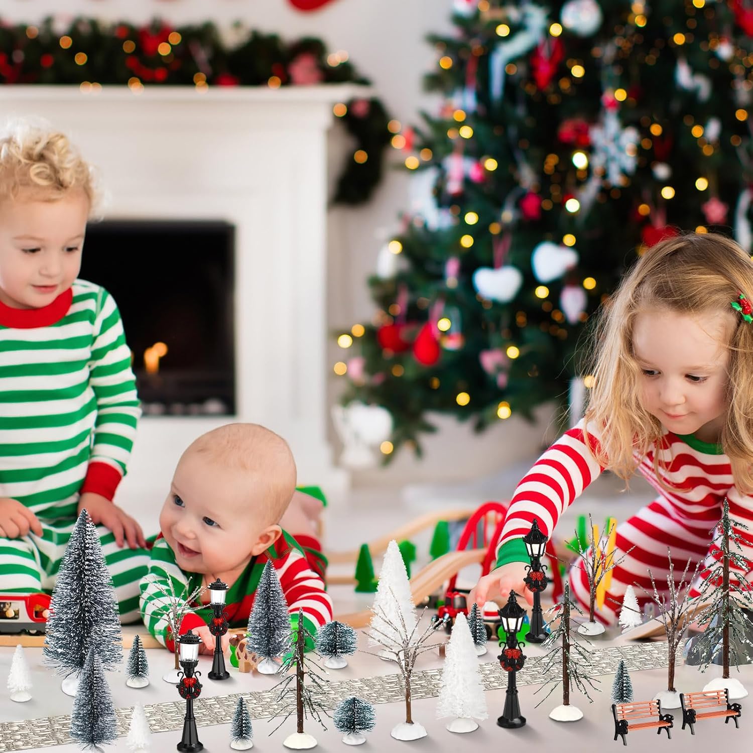 Hotop 28 Pcs Mini Artificial Christmas Village Tree Set Snow Christmas Pine Bare Branch Trees Xmas Street Lamp Post Miniature Park Bench Seat Cobblestone Street for Decoration(Vivid) - Image 6