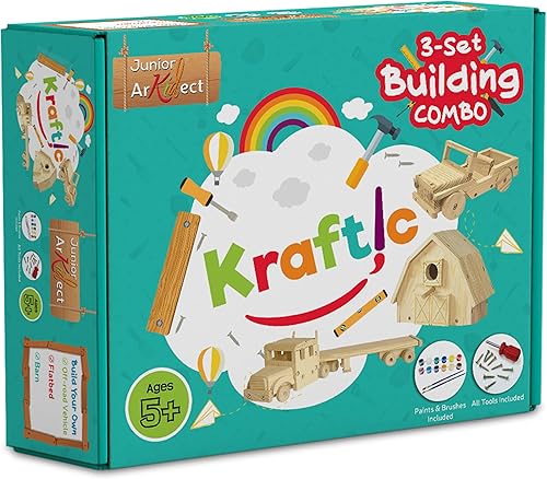 Vista 7 de Kraftic Kit de construcción de carpintería para niños y adultos, juego de 3 proyectos educativos de construcción de carpintería para niños y niñas