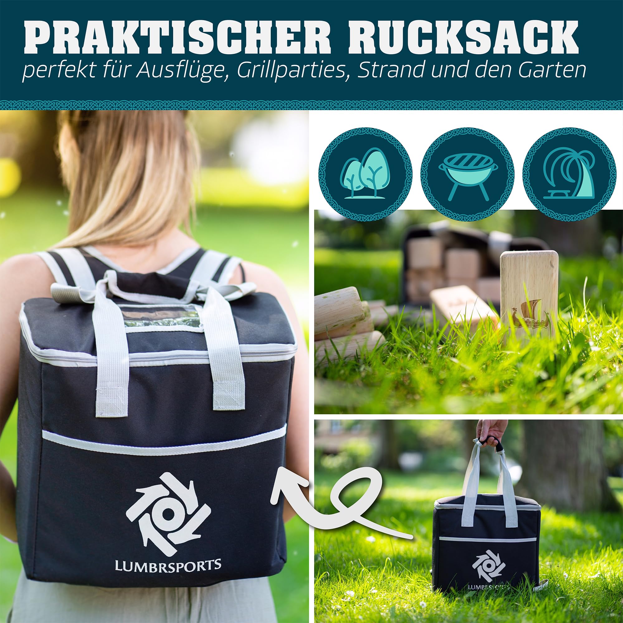 Kubb XXL [Premium] Holz Wikinger Spiel aus Gummibaum Holz – Kubb Hartholz für Erwachsene - mit praktischer Tragetasche