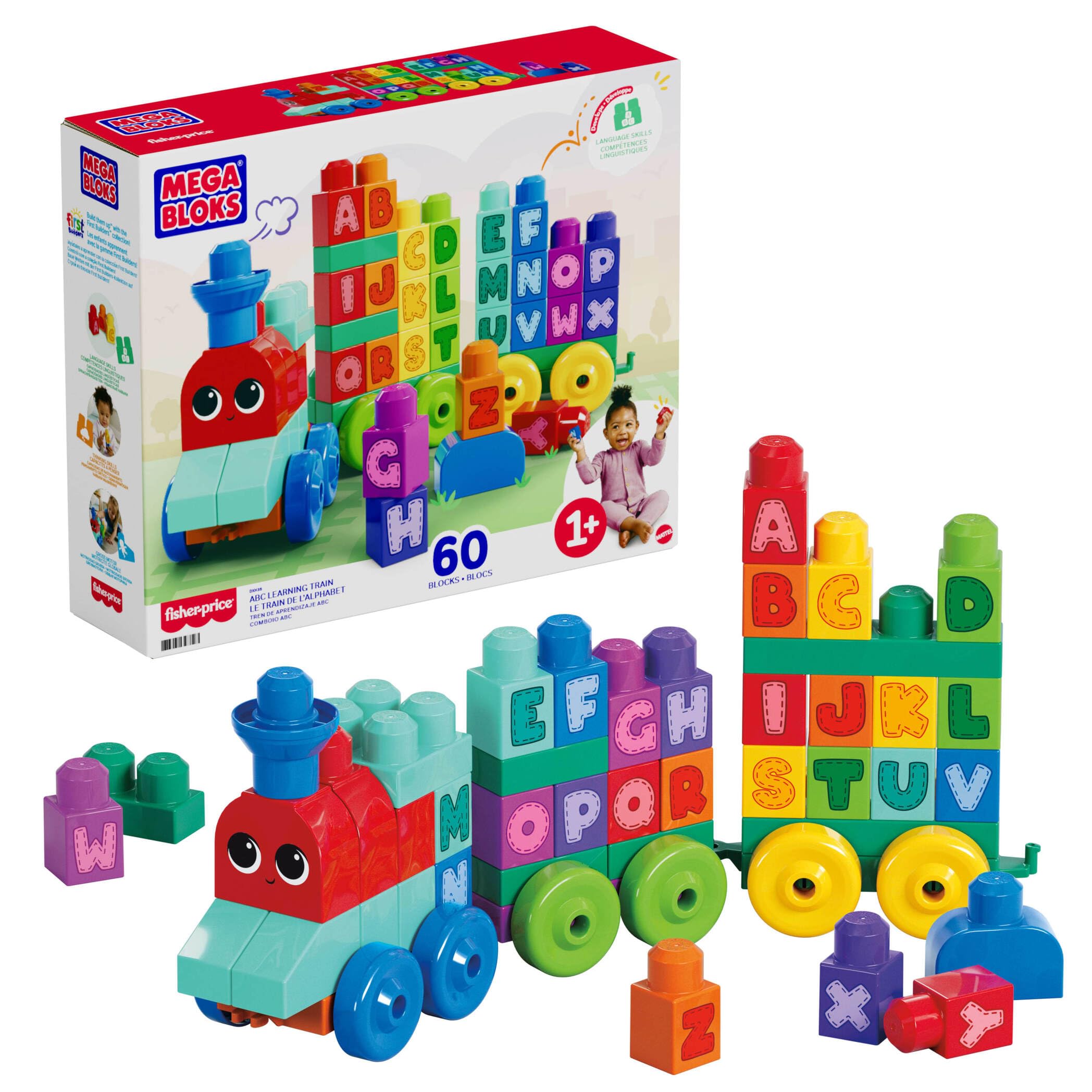 MEGA BLOKS First Builders Toddler Building Blocks Toy Set, ABC Learning Train with 60 Pieces, Ages 1+ Years, DXH35