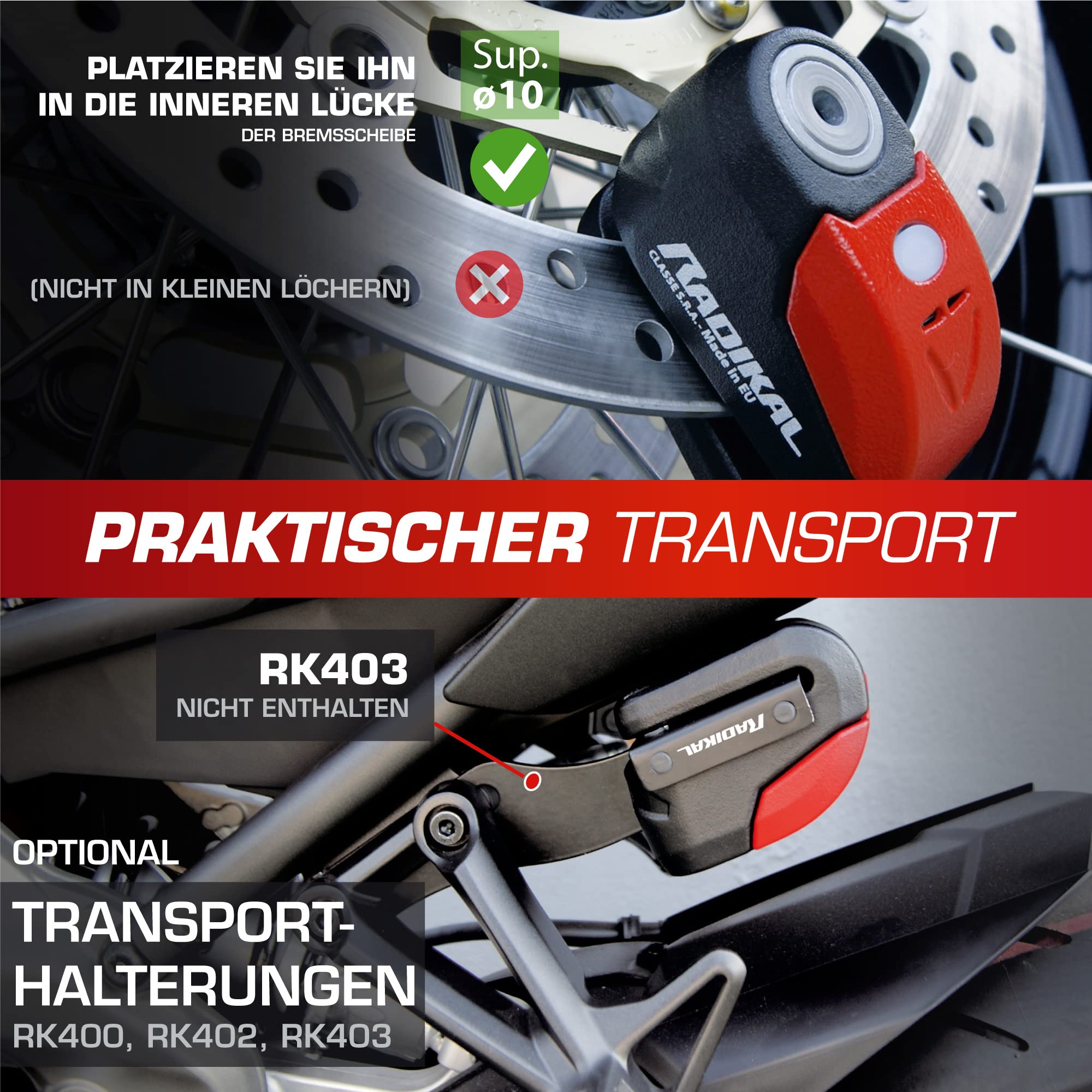 RADIKAL RK10 Bremsscheibenschloss Premium mit Alarm | Aktivierung nach Wahl, 120 dB, LED Warnung Voralarm | Motorrad Schloss SRA-zertifiziert, aus zementiertem Stahl, Doppelverriegelung Ø10, Rot