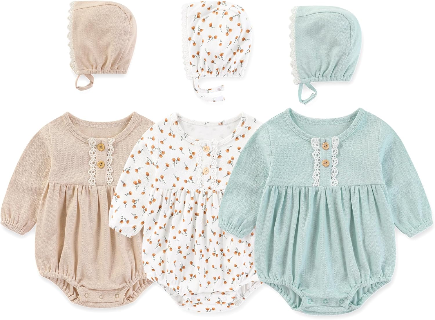 Newborn Baby Girl Clothes Cotton Bubble Rompers Infant Outfit Floral Long Sleeve Bodysuit, 3 Pack