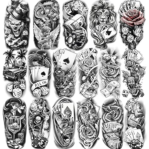 Miniatura 7 de Tatuaje temporal de brazo completo, 8 hojas, tatuaje falso de medio brazo, 8 hojas de tatuajes de flores, mariposa, ballena, cráneo, lobo para