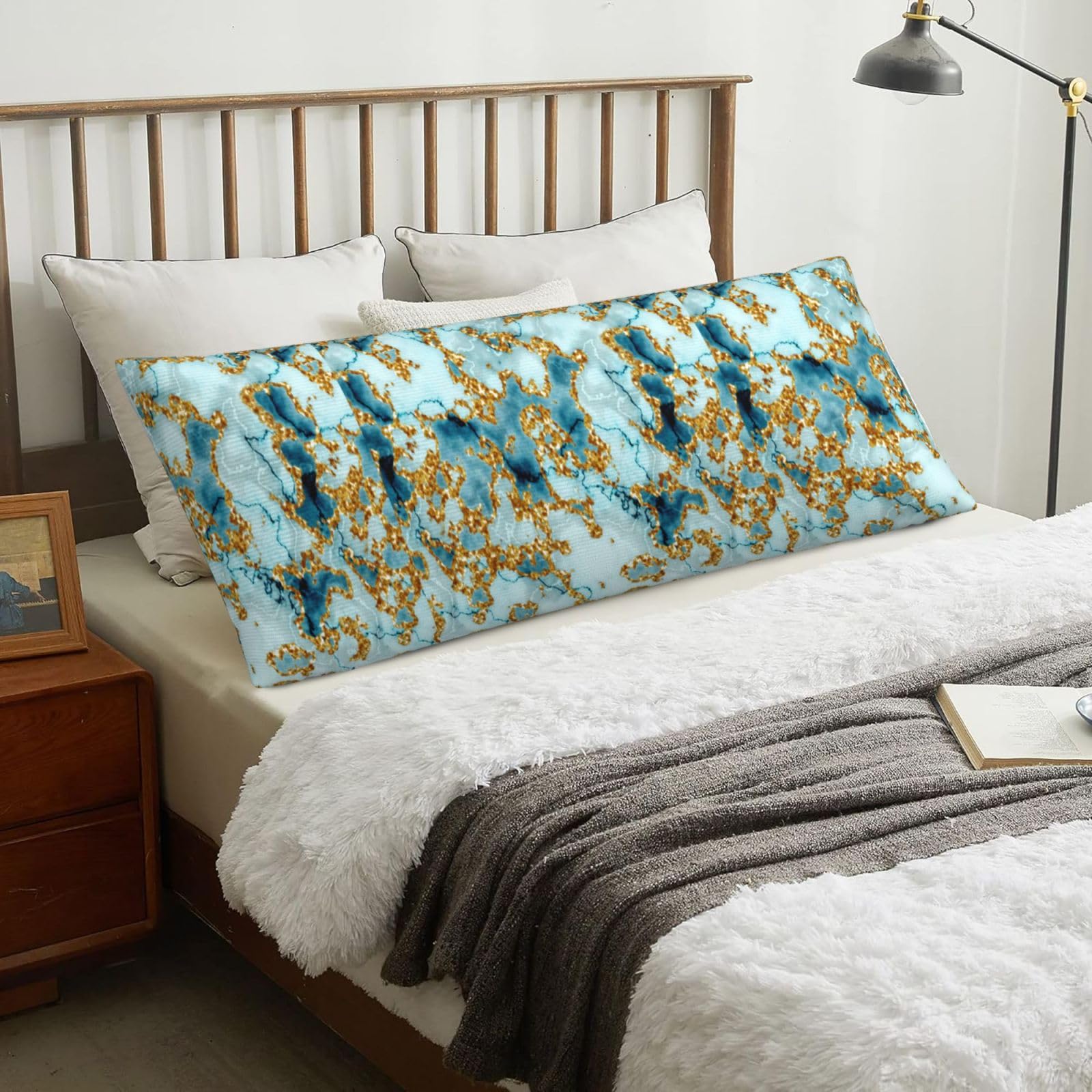 Glitter Gold Teal Marble Textured, Body Pillow Cover with Zipper,Long Body Pillowcase 20 x 60 in