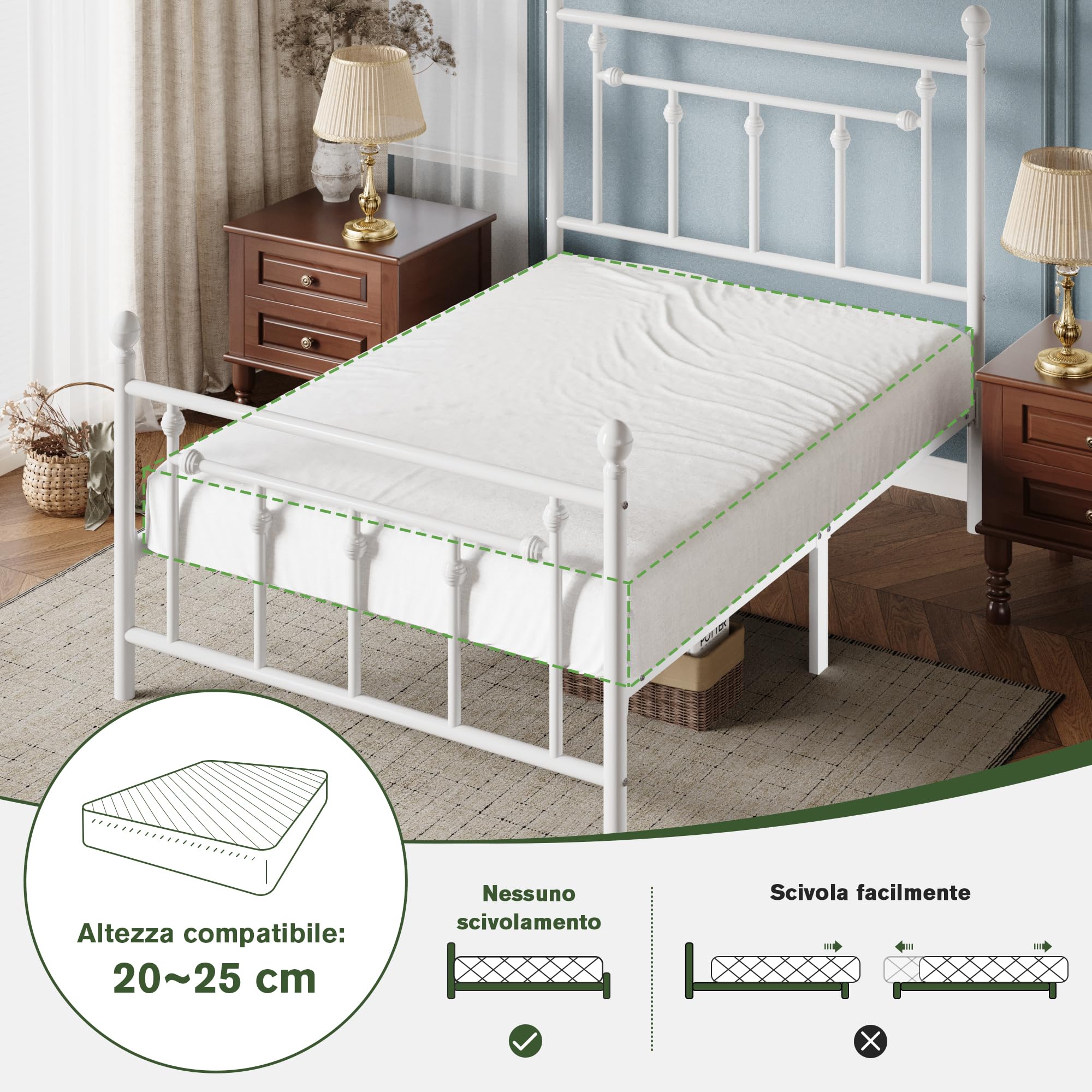 MUTICOR Struttura Letto in Metallo 90x200 cm dal Design Senza Tempo, Telaio Stabile con Doghe Incluse, Spazio Contenitore Sotto il Letto, Silenzioso, Bianco