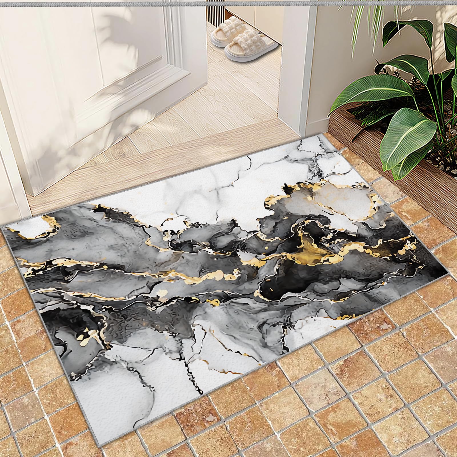 QDJKBL Luxury Black and White Abstract Marble, Entrance Rug 60 X 140 Cm Gradient Color Ink Oil Painting Graffiti Doormats, Entrance Carpet Easy Care for Entryway