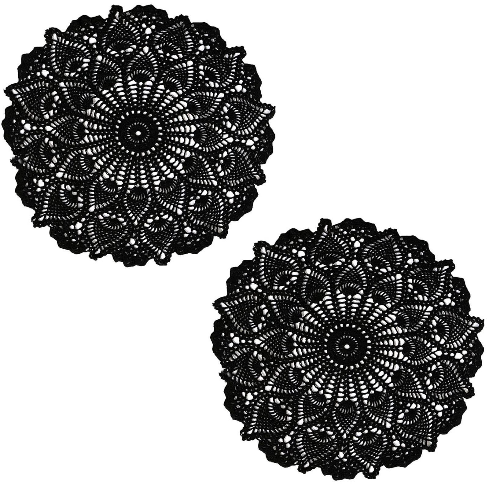 BIBITIME Lace Placemats Table Doilies Round Handmade Crochet Doily Kitchen Cup Mug Mats (Black, 16 to 17.5 inches-2PCS)