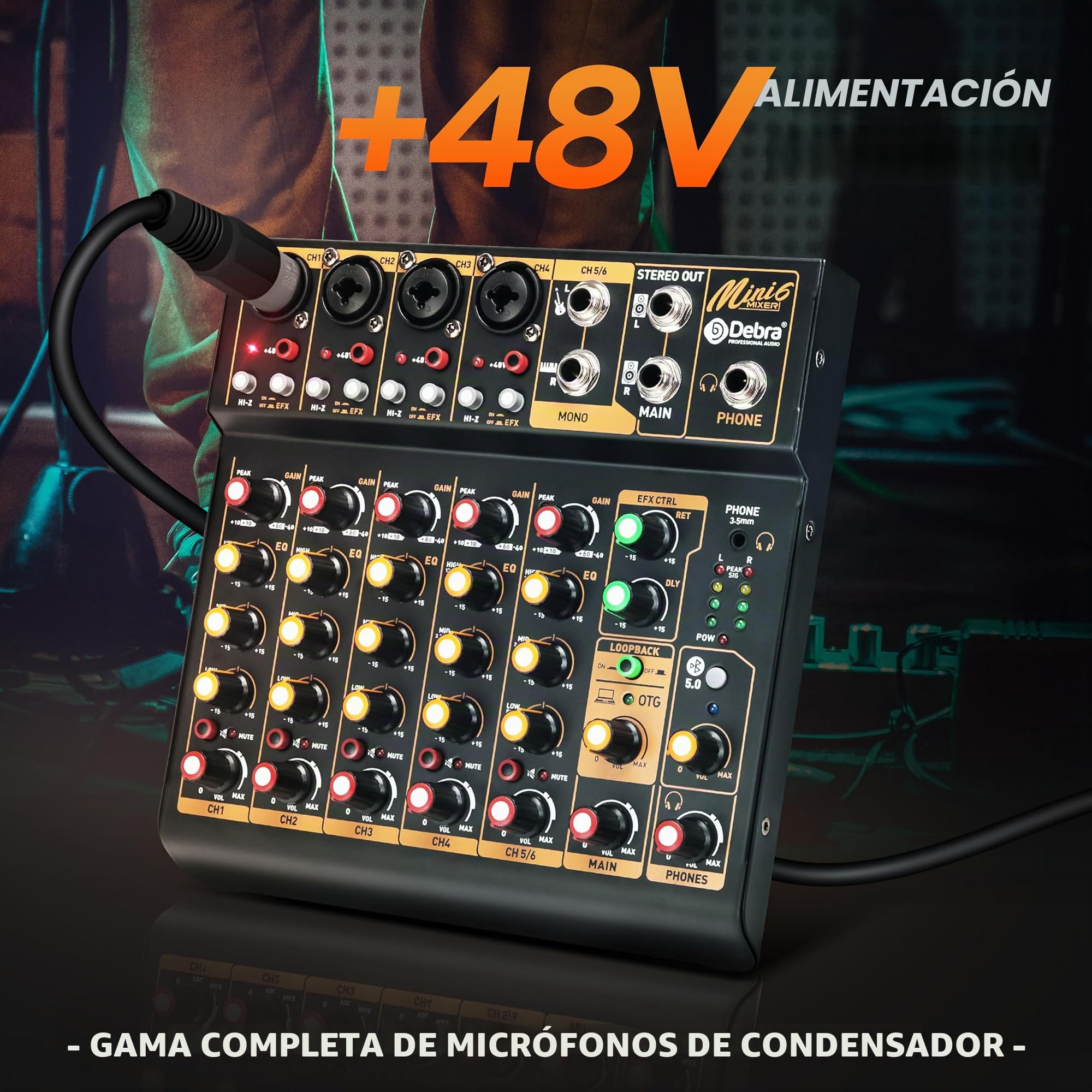 Mini6 Mezclador de Audio Profesional para DJ – 6 Canales, Interfaz USB, Bluetooth y Phantom Power 48V – Ideal para Streaming, Podcast y Eventos en Vivo