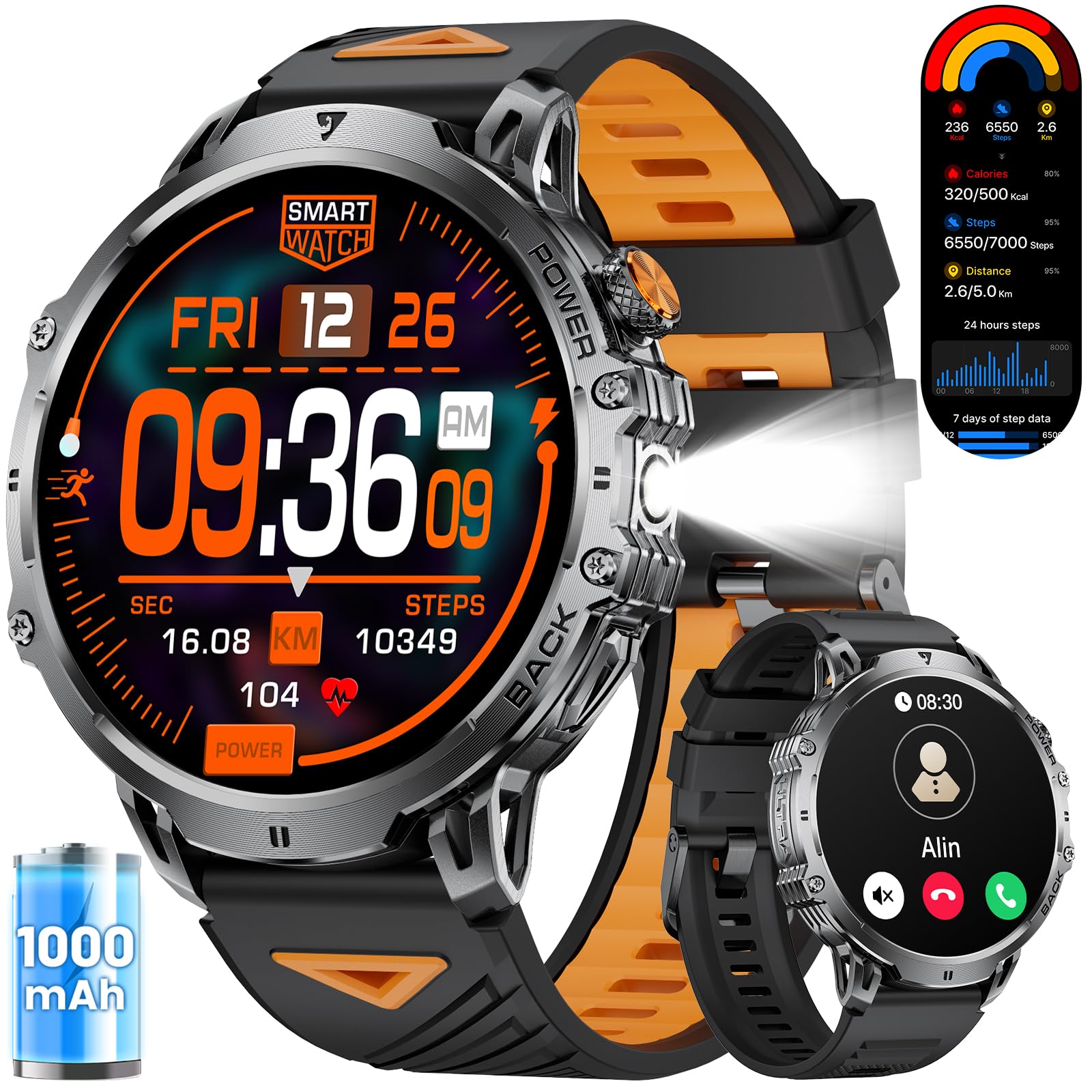 LIGEMilitary Smart Watches for Men with 1000 mAh Battery, 1.85" HD Touch Screen Smart Watch with Flashlight/50M Waterproof/,110+ Sports Fitness Tracker Watch,Pedometer Mens for Android iPhone