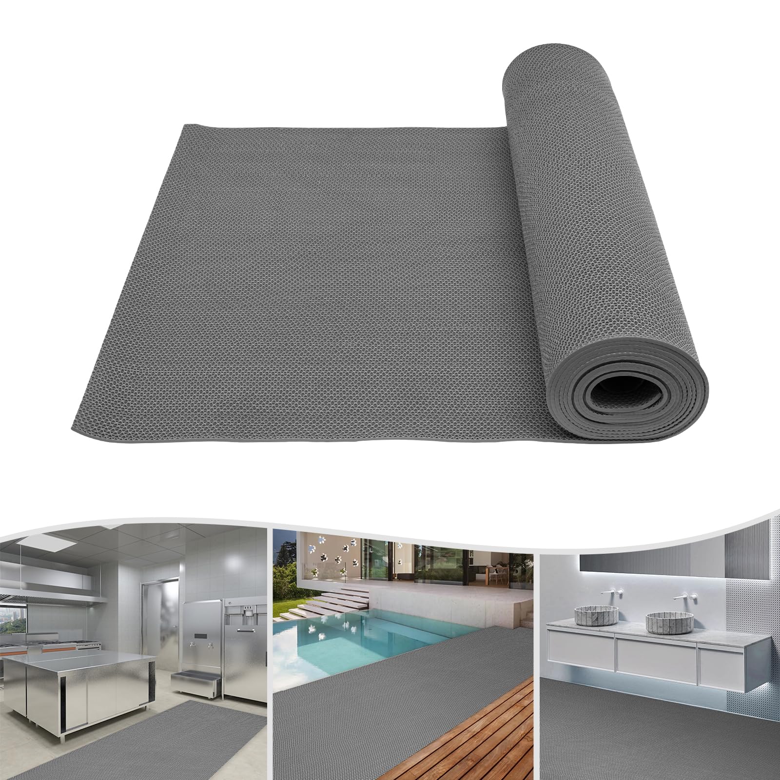CNCEST Drainage Non Slip Mat, 3ft X 16.4ft Commercial Floor Mat, PVC Drainage Non-Slip Mat Roll Bathroom Pool Floor Mats Mesh for Indoor Outdoor Wet Area Swimming Pool Bathroom 0.2in Thick (Grey)