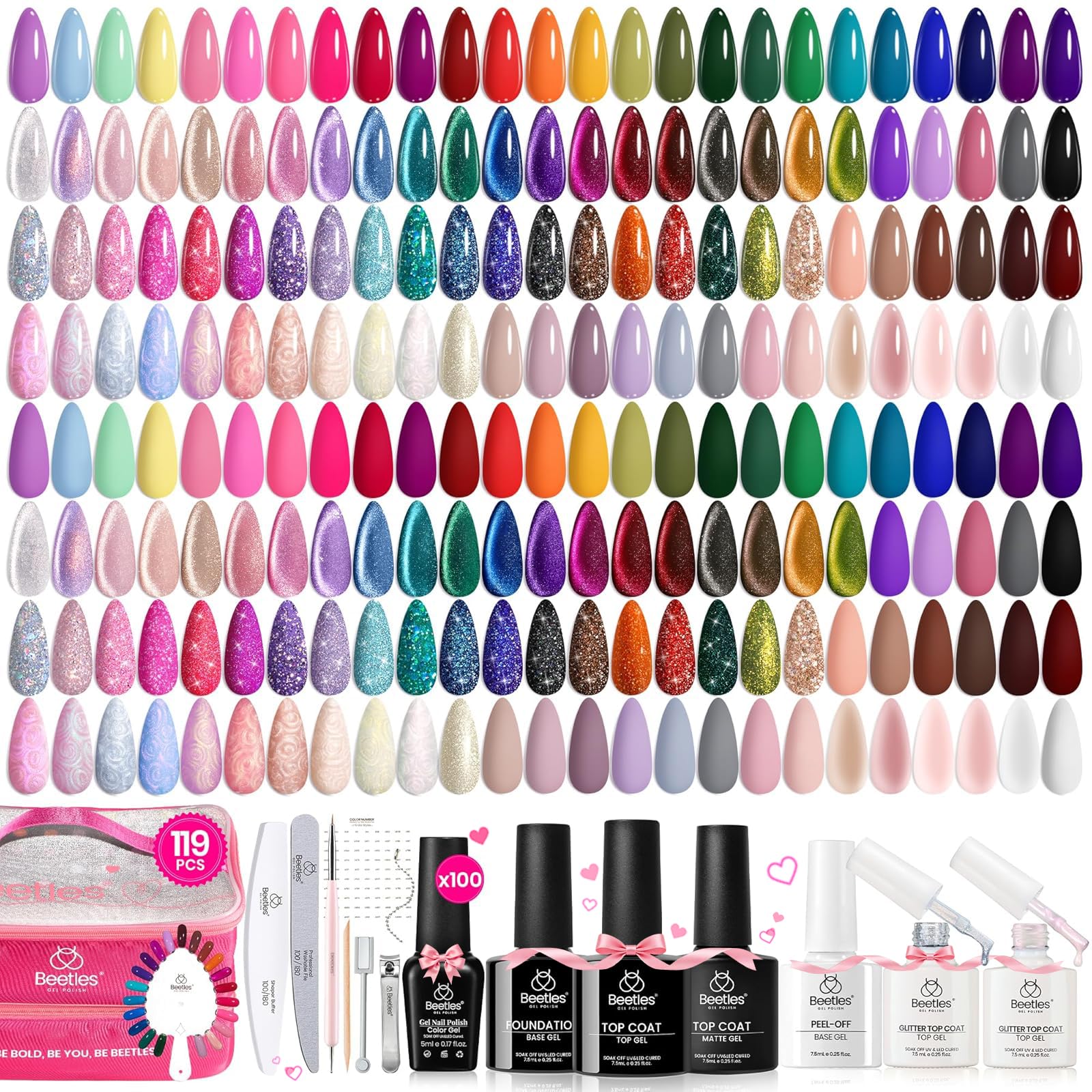Beetles Gel Nail Polish Set, 119 PCS 100 Colors Summer Gel Polish Kit with Cat Eye, Jelly, Glitter & Pearl Nail Gel, 5Pcs Base Top Coat, Soak Off UV LED Gel Polish for Home Manicure Nail Art