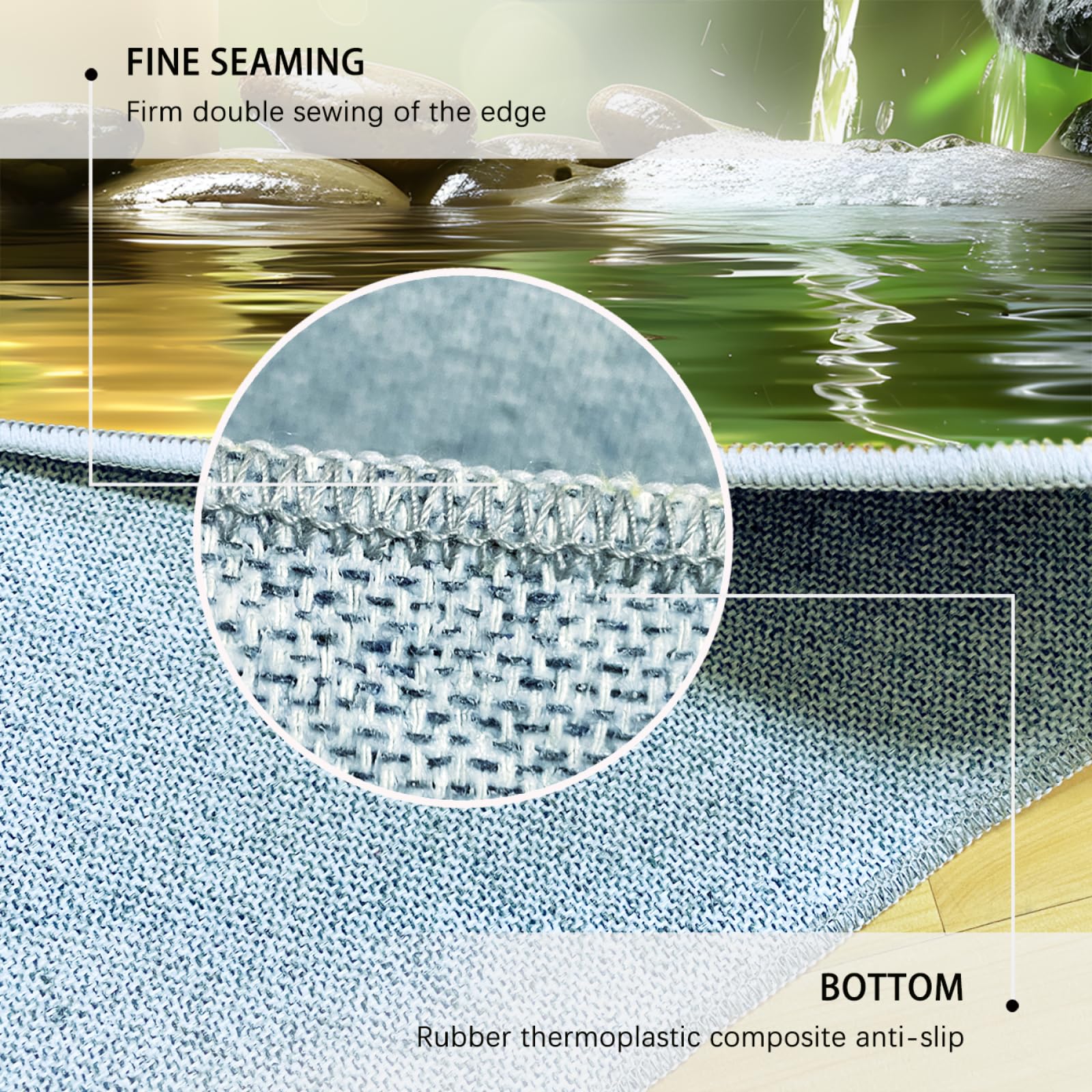 Méditation Art Tapis lavables Pierres et écoulement d’Eau Feuilles de Bambou Impression Réduction du Bruit Tapis antidérapant pour la décoration intérieure de la pièce 120x180cm