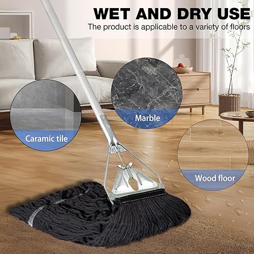 Miniatura 4 de Repuesto de cabezal de trapeador comercial, cuerda de extremo con bucle de algodón negro, limpieza industrial húmeda, repuesto de cabezal de