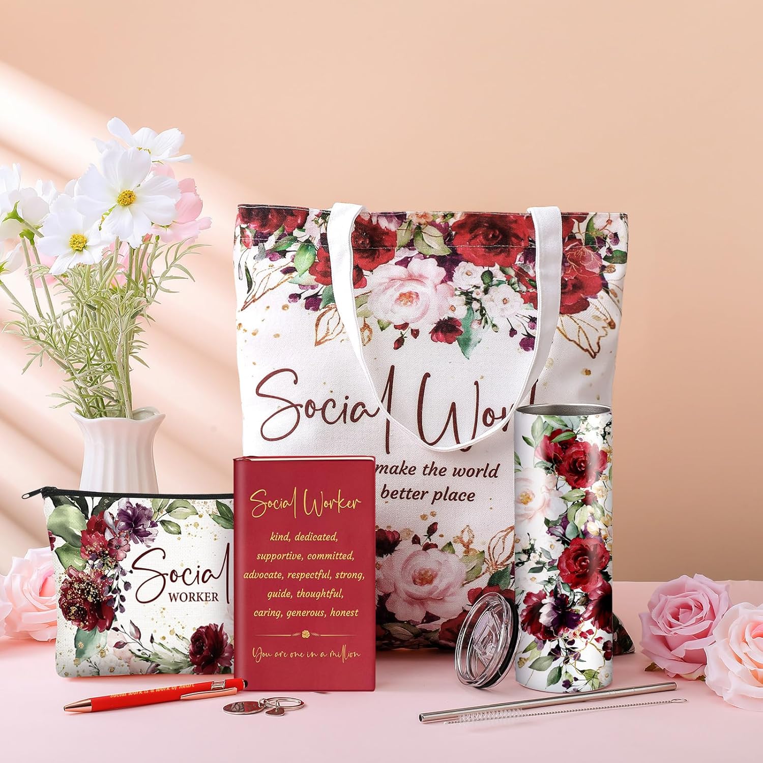 6 Pcs Social Worker Appreciation Month Gifts Include 20 Oz Tumbler Canvas Bag Notebook Pen Social Worker Must Haves for Bsw Msw Dsw Lcsw Coworker Volunteer Office Supplies(Vintage Style) - Image 2