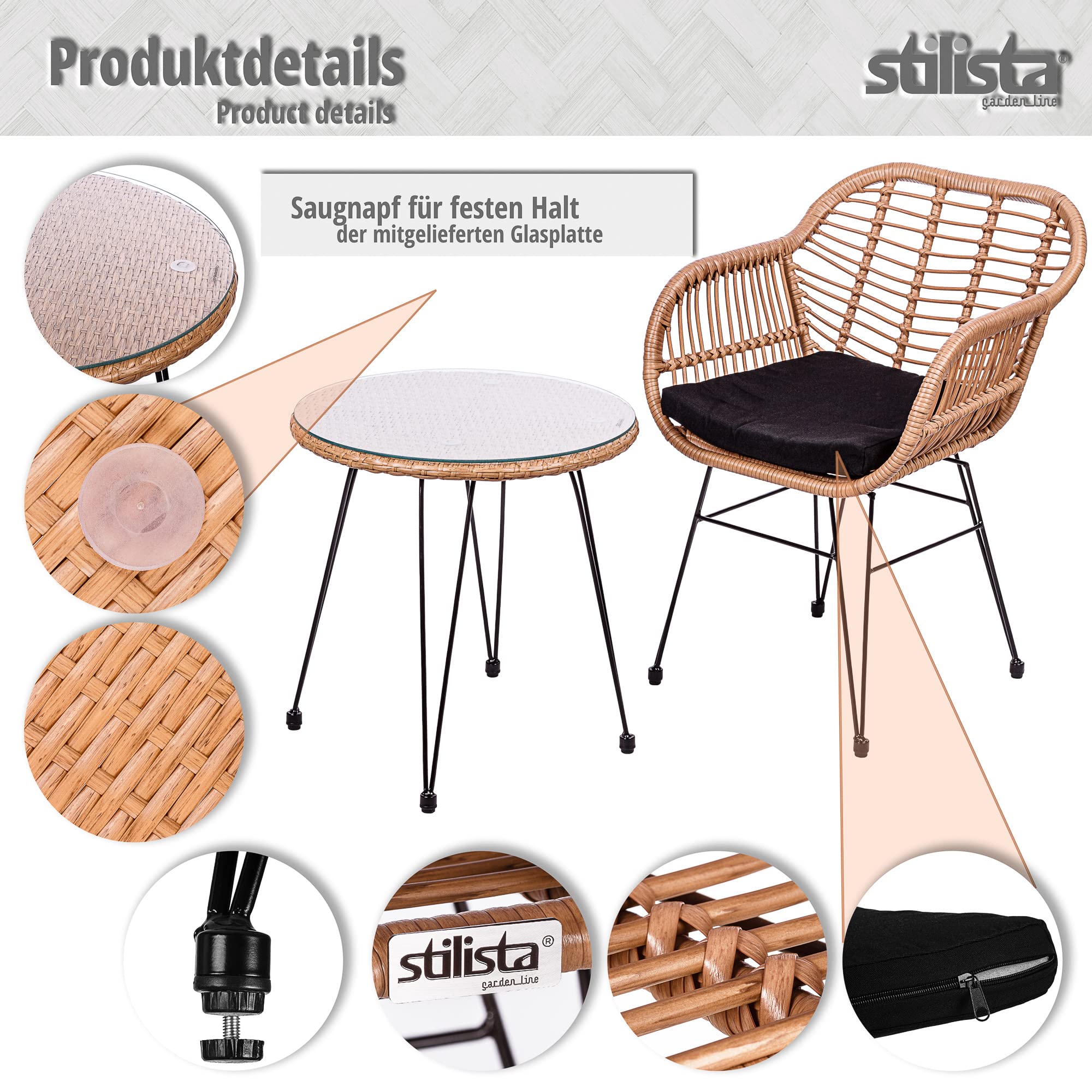 STILISTA 3-teiliges Poly-Rattan Bistroset 2 Lounge Sessel Beistell-Tisch Wetterfest Indoor Outdoor geeignet