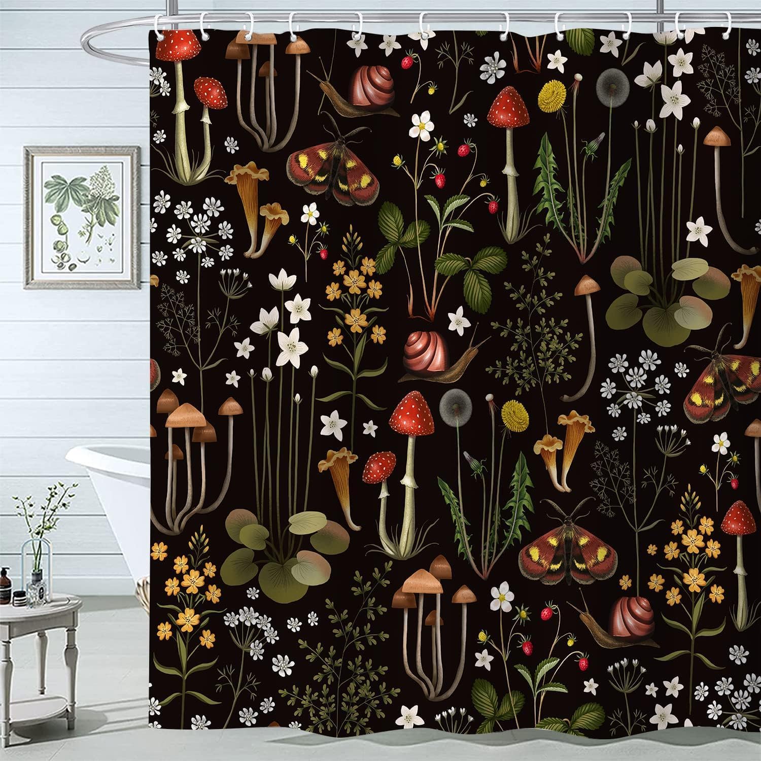 Emwnodti Retro Mushroom Shower Curtain for Bathroom, Fairy Forest Flowers Plants on Black Background Bath Curtains, Vintage Botanical Fabric Shower