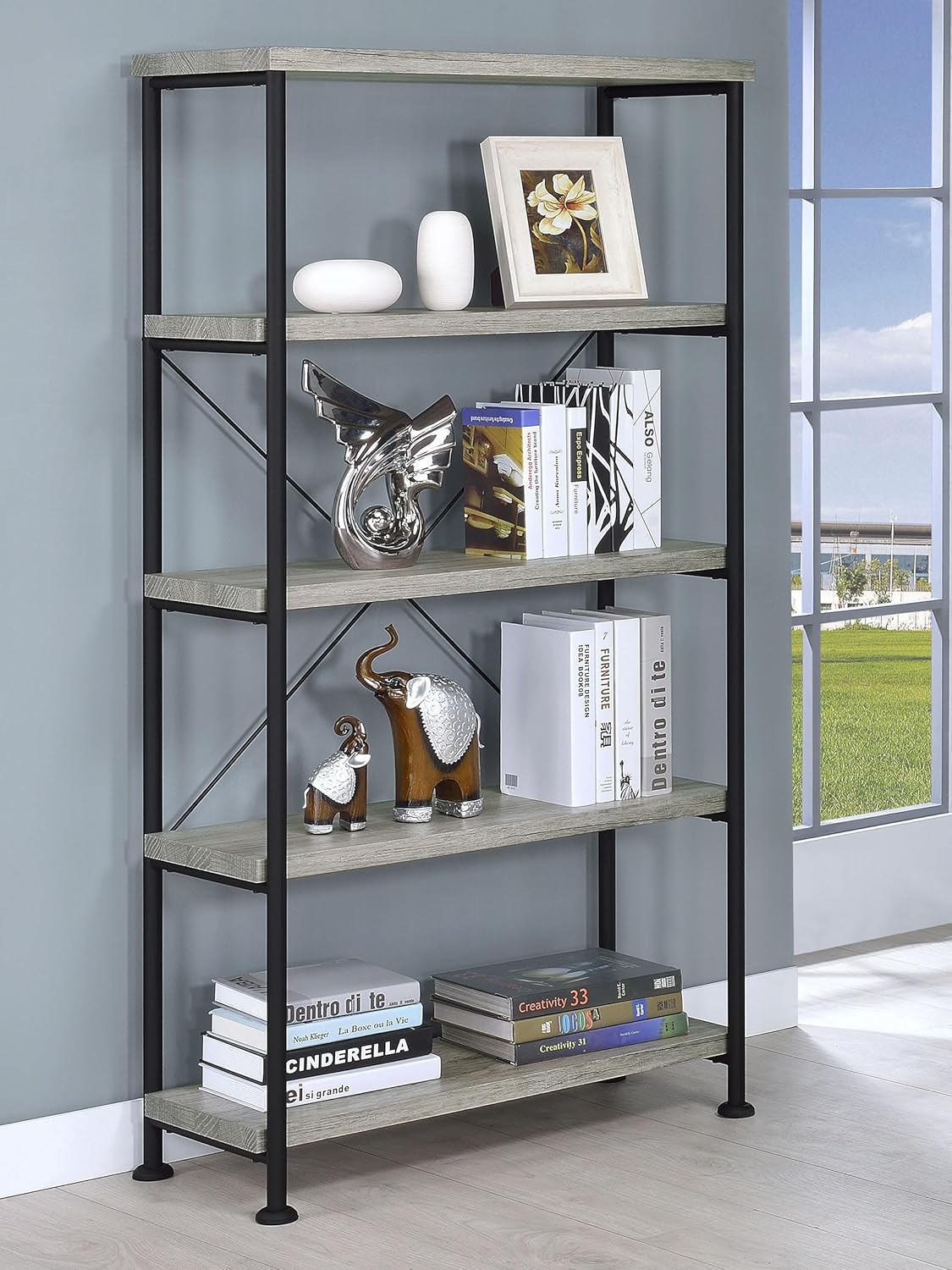 Analiese Gray Driftwood and Black 4-Shelf Bookcase