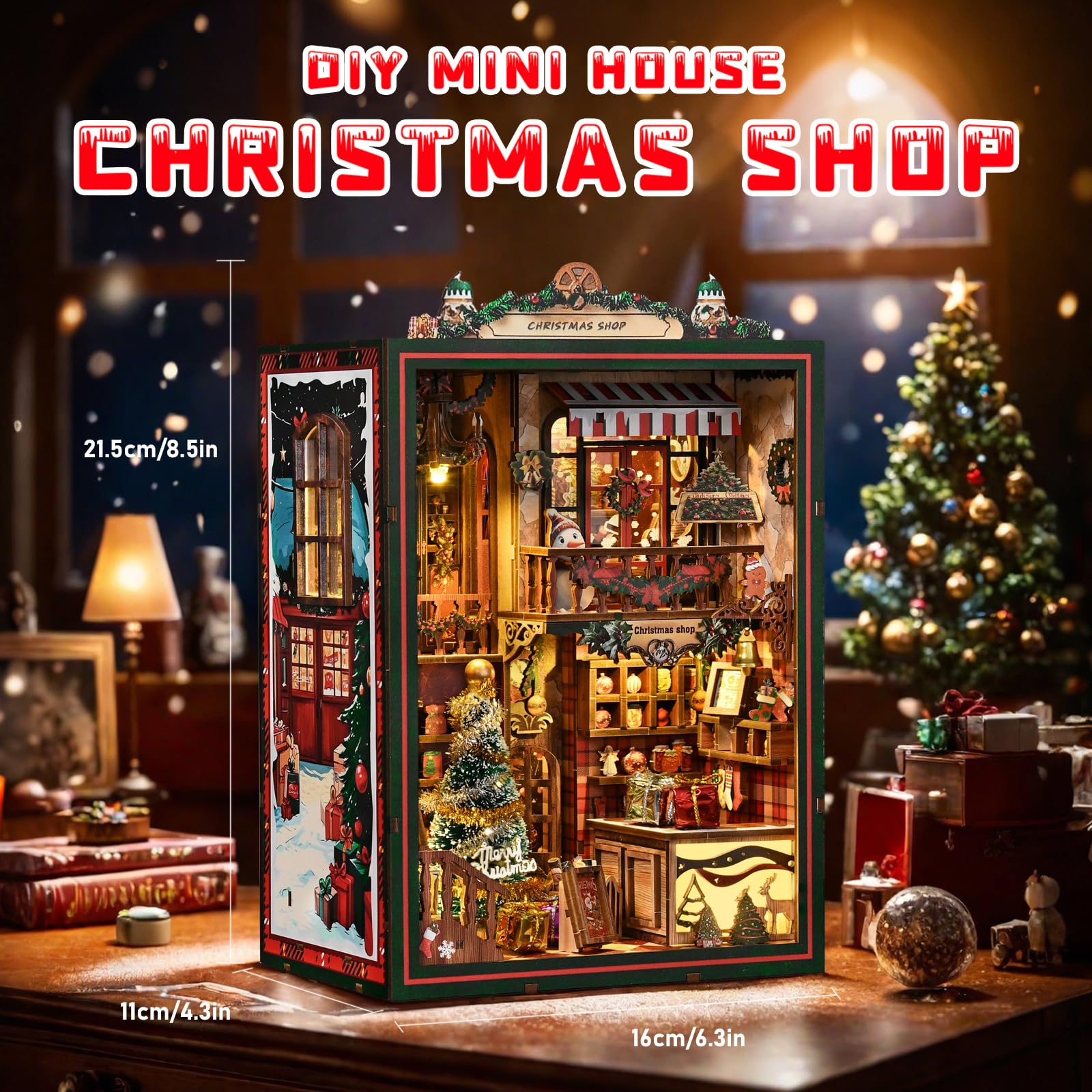 Kit per angolo del libro di Natale, fai da te in miniatura, casa delle bambole 3D, puzzle in legno, libreria, decorazione con carillon a LED, regalo di Natale per adulti e ragazzi - Negozio di Natale