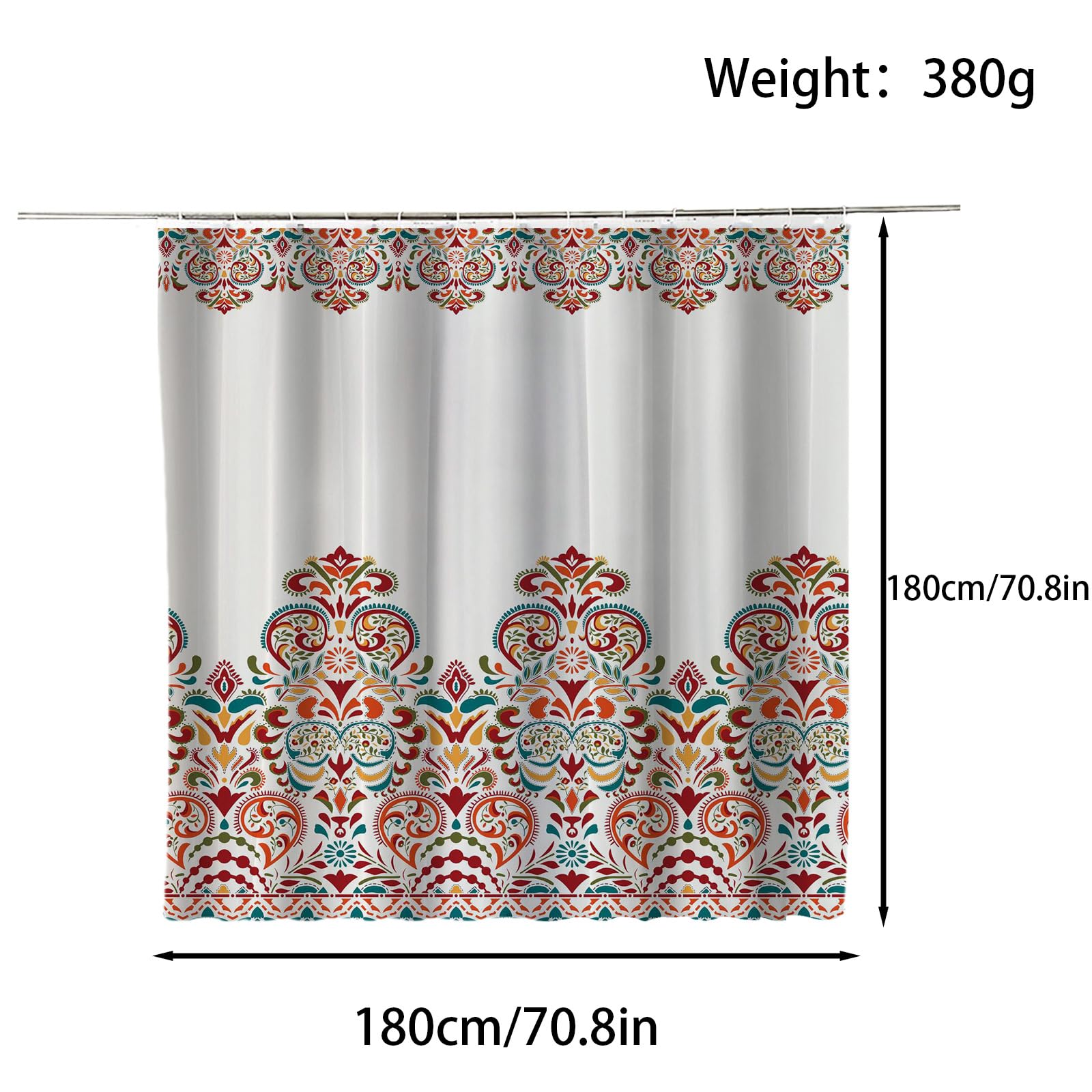 FAIRYGATE Shower Curtain Bathroom Curtains Extra Long Wide Mould Proof Resistant Fabric for Wet Room Bath Decor Fabric Colorful Boho Paisley Damask Print Design 72” x 72” Turquiose Tangerine B8610 - Image 2
