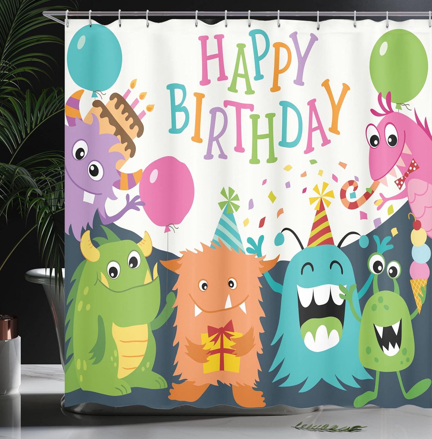 Ambesonne Birthday Party Shower Curtain, Little Monsters The Celebration Cones Rain and Balloons Image, Cloth Fabric Bathroom Decor Set with Hooks, 69" W x 75" L, White Multicolor