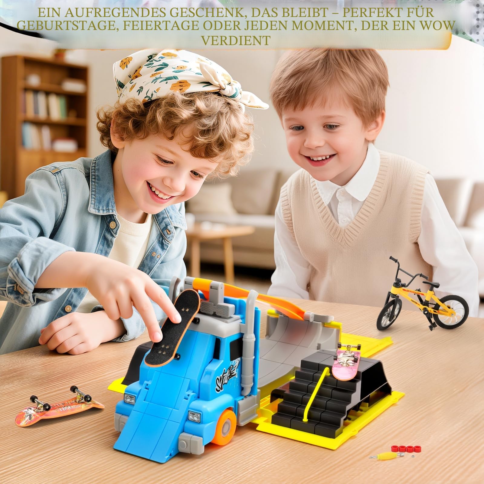 Fingerboard Rampe Set, verwandelbarer Truck zum Mini Skatepark, Skateboard Rampe mit 3 Finger Skateboards und 1 Finger Bike, tragbares Fingerboard Spielzeug für Kinder ab 3 Jahren