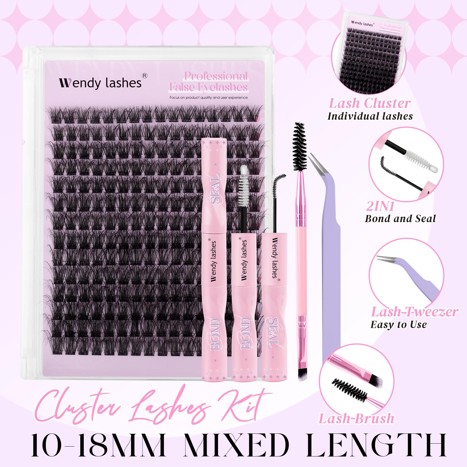 Lash Clusters Kit Natural Eyelashes Individual 3D Soft Cluster Lashes c3 10-18mm Mixed Russian DIY Lash Extension Kit with Lash Bond and Seal(FK/KIT-c3-3D-Mix1018) - Image 2