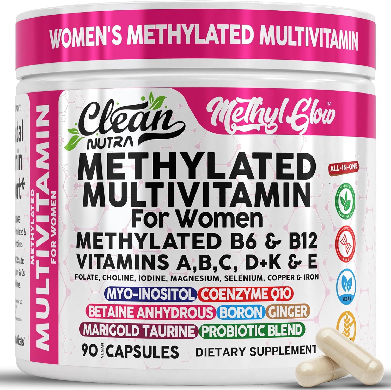 Methylated Multivitamin for Women Vitamins B6 Methyl B12 A B C D K E Folate Choline Omega 3 Thiamine Riboflavin Iron Iodine Magnesium Zinc Selenium Copper Calcium 90 Capsules by Clean Nutra