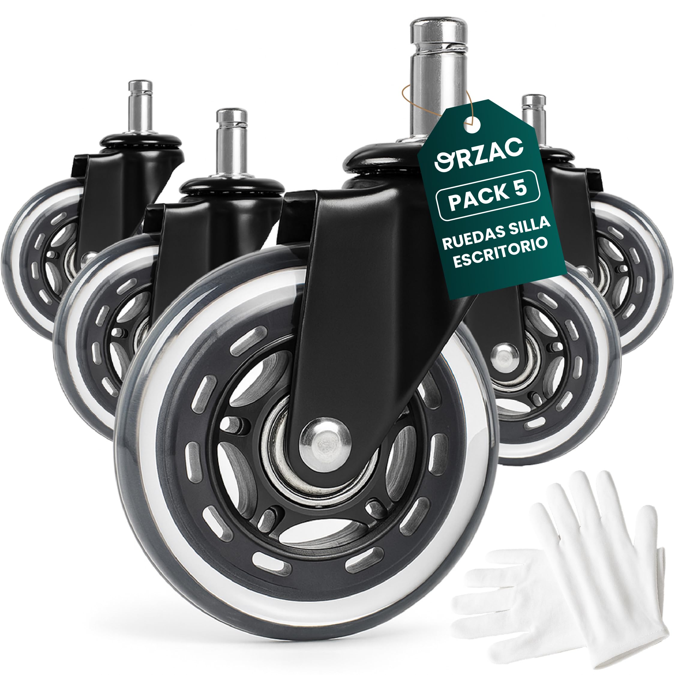 ORZAC Office Chair Wheels 10/22 mm – Wheels for Office and Gaming Chairs – Set of 5 with Gloves Included