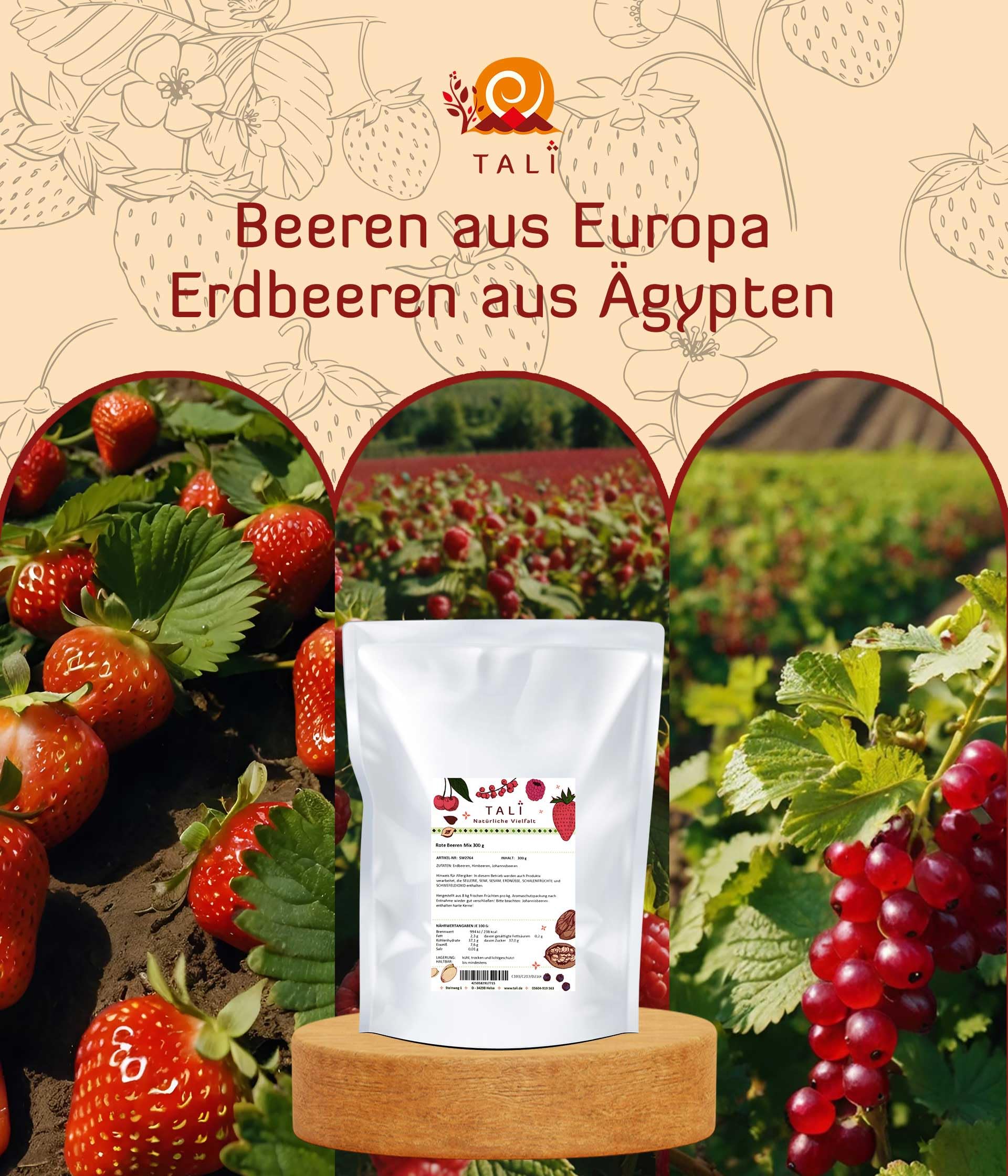 TALI Rote Beeren Mix 1000 g | Gefriergetrocknete Erdbeeren, Himbeeren, Johannisbeeren