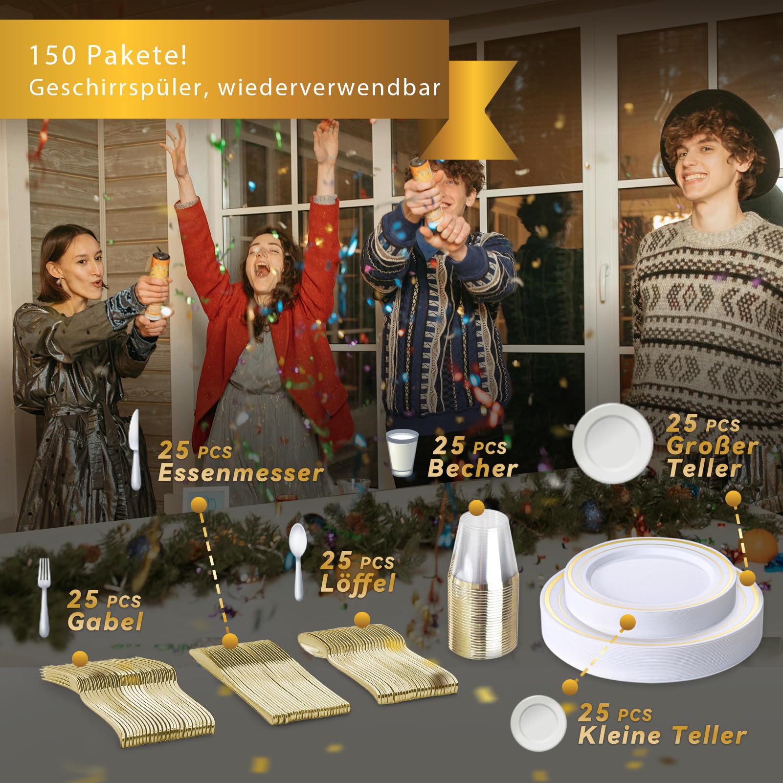 150 Stück wiederverwendbares goldfarbenes Kunststoff-Set, 25 flache Teller, 25 Salatteller, 25 Messer, 25 Gabeln, 25 Löffel, 25 Tassen, für Hochzeit, Garten, Party