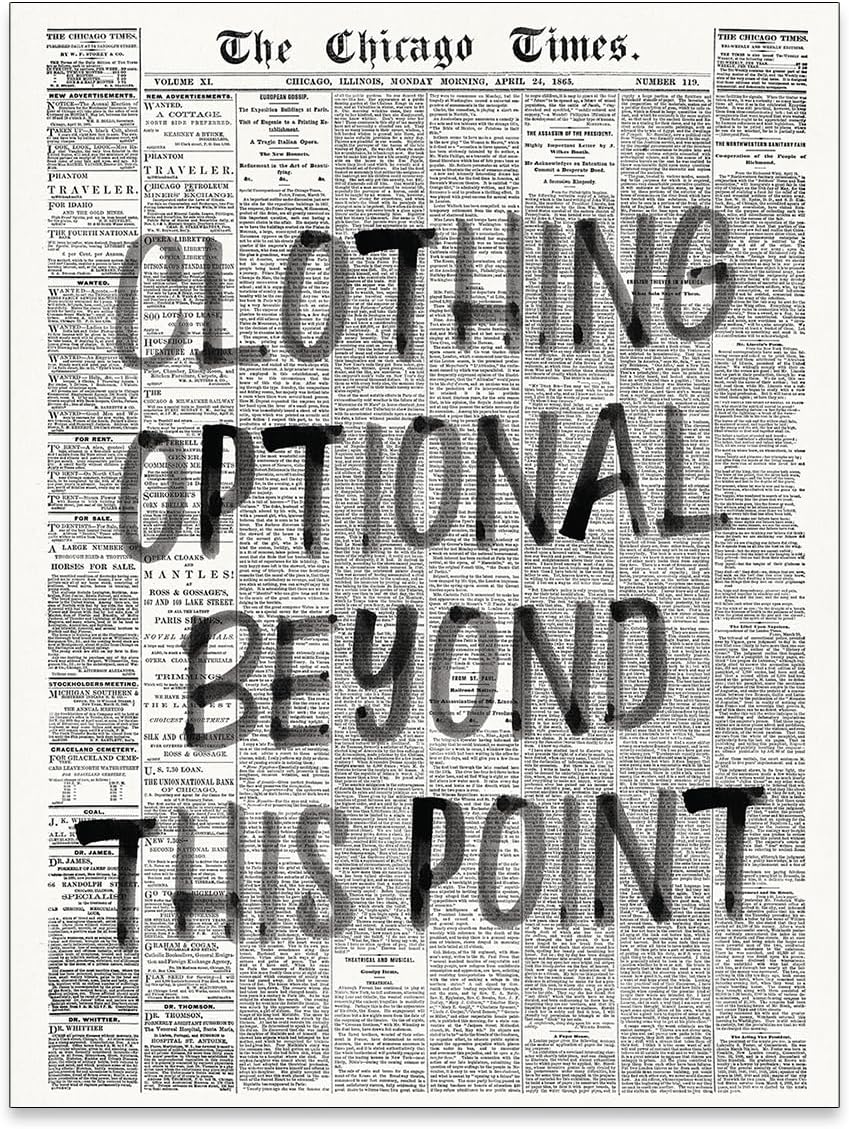 Haitunone Funny Bathroom Newspaper Poster Funky Black and White Aesthetic Wall Art Clothing Optional Fun Quotes Canvas Prints for Toilet Lavatory Wall Decor 12X16 inch Unframed