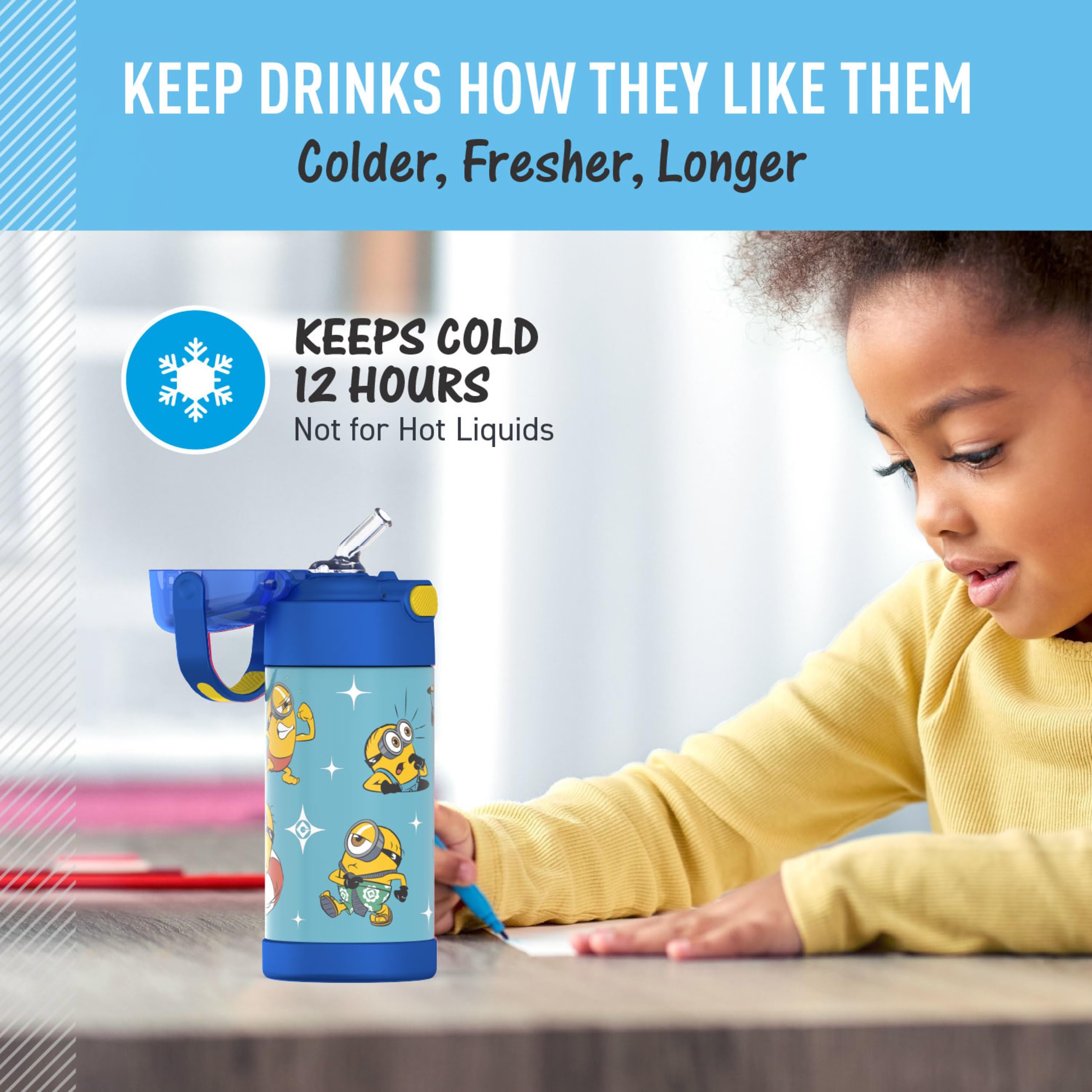 THERMOS FUNTAINER Trinkflasche mit Strohhalm, 355 ml, Ich Einfach Unverbesserlich 4, Isolierte Edelstahl Wasserflasche für Kinder mit Deckel
