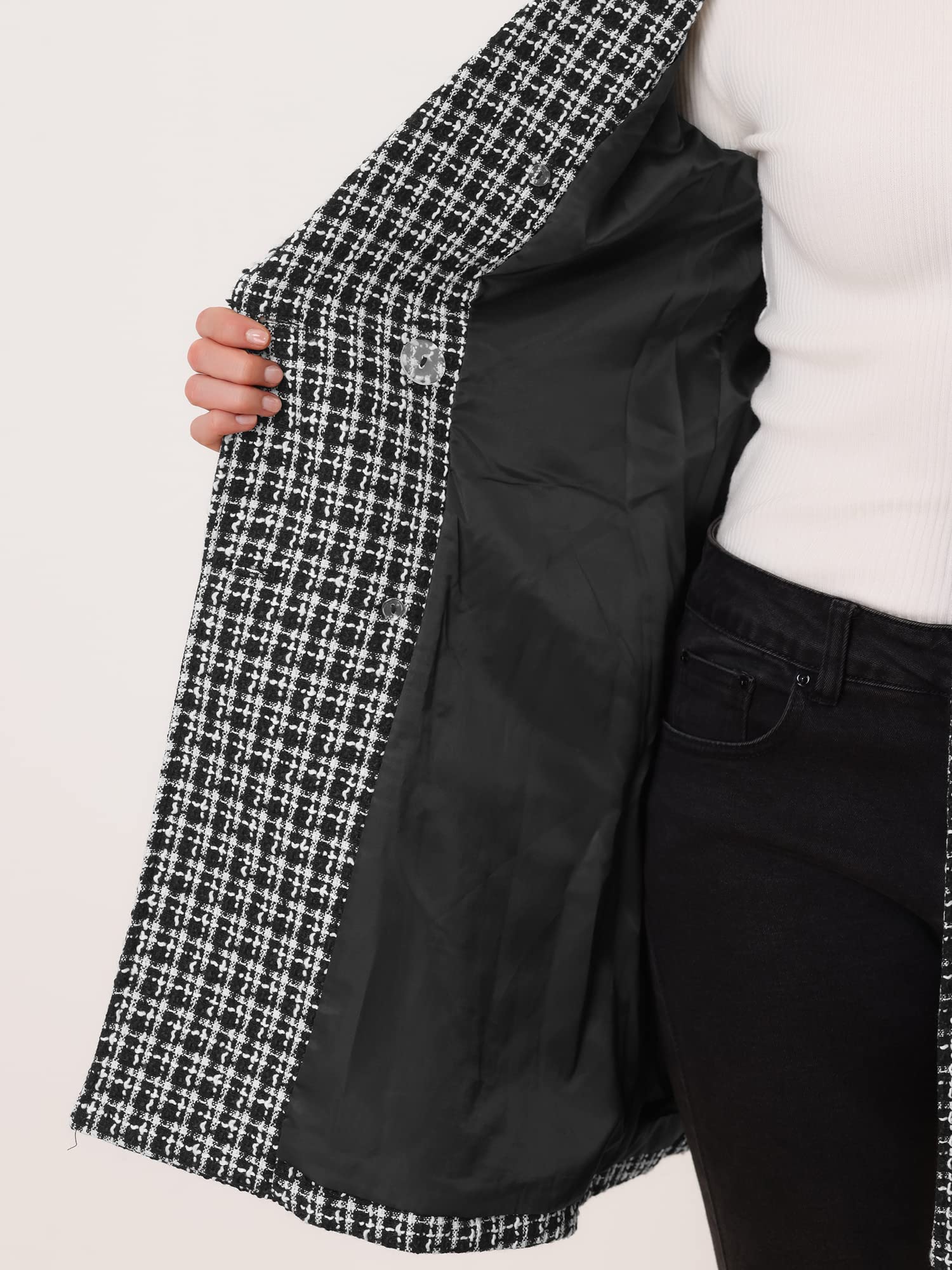 Allegra K Donna Giacca Lunga in Tweed Plaid Doppiopetto