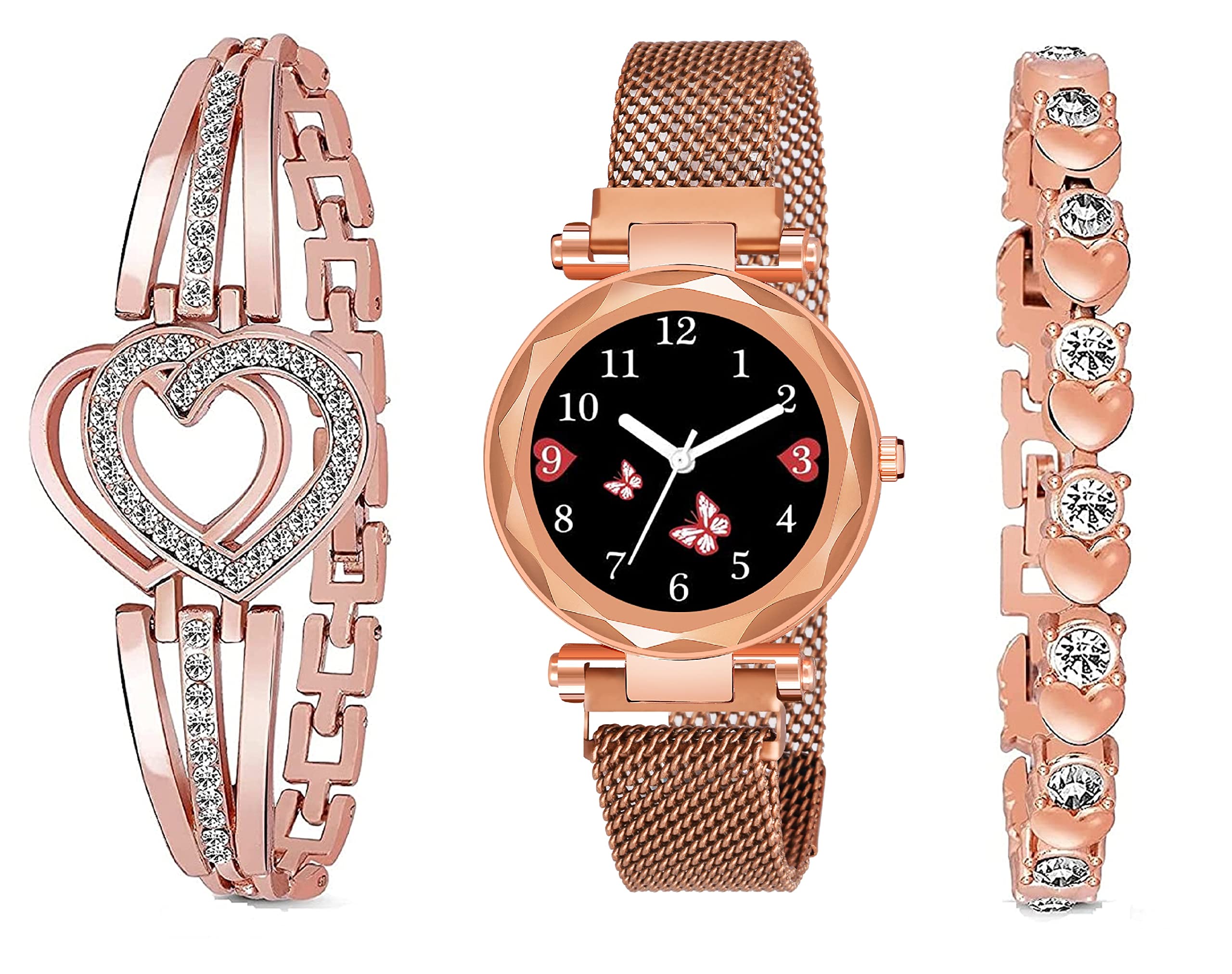 KIARVI GALLERY Casual Black Butterfly Dial Magnet Strap Analog Watch for Girls or Women and Present Gift 2 Bracelet Combo for Girls and Women(Rose Gold,Combo of 3) (B0BBBZ64CZ) Amazon Price History, Amazon Price Tracker