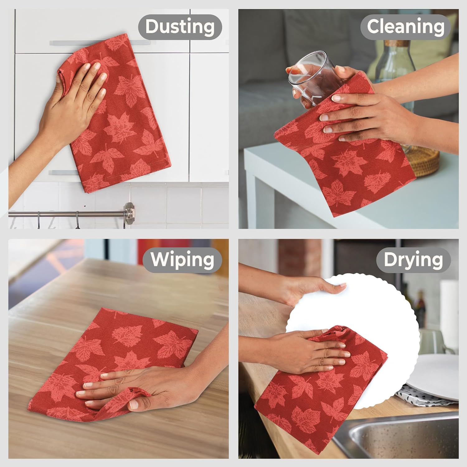 Urban Villa Kitchen Towels Harvest Leaf Print Towels Set of 6 20" X30” 100% Cotton Highly Absorbent Quick Drying Dish Cloths & Dish Towels Thanksgiving Fall Tea Towels with Hanging Loop Towels - Image 5