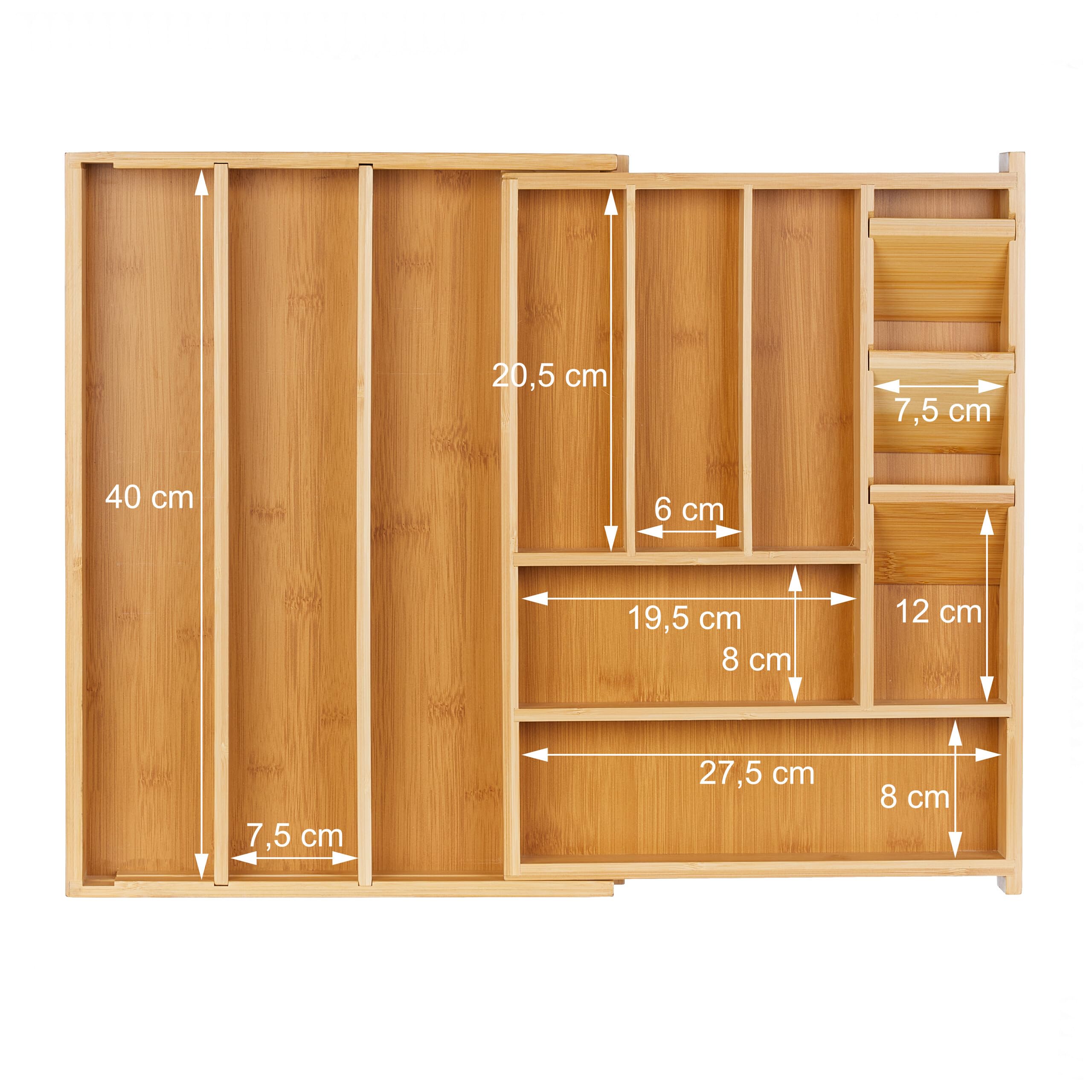 Relaxdays Pojemnik na sztućce, wysuwany, 8-11 przegródek, wys. x szer. x gł.: 5,5 x 32-54 x 42 cm, bambus i MDF, wkład do szuflad, naturalny