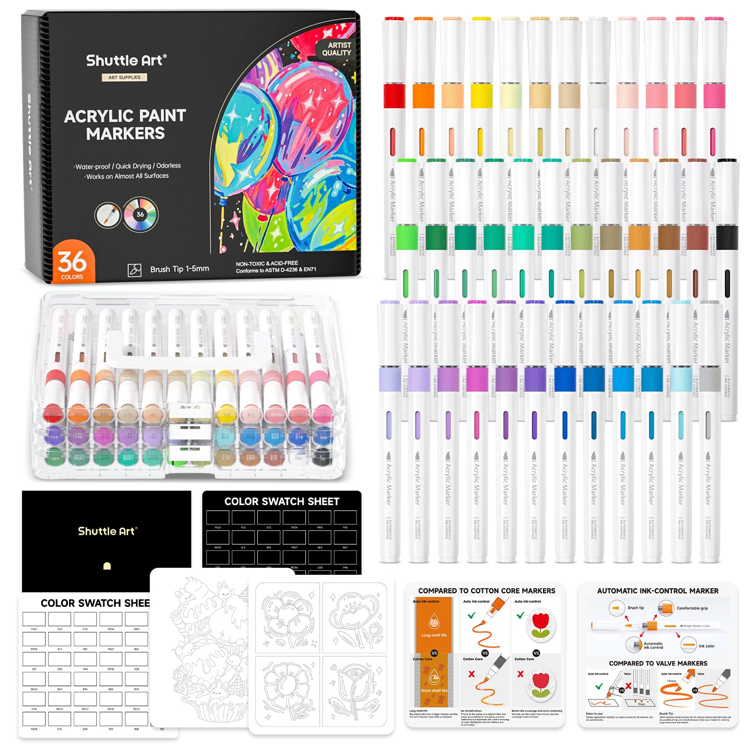 Shuttle Art Automatic Ink Control Acrylic Paint Pens, 24 Pastel Colours Brush Tip Paint Marker Pens, Paint Pen for Rock Painting Ceramic, Wood, Glass, Stone, Art Marker Pen Set for DIY Art Supplies