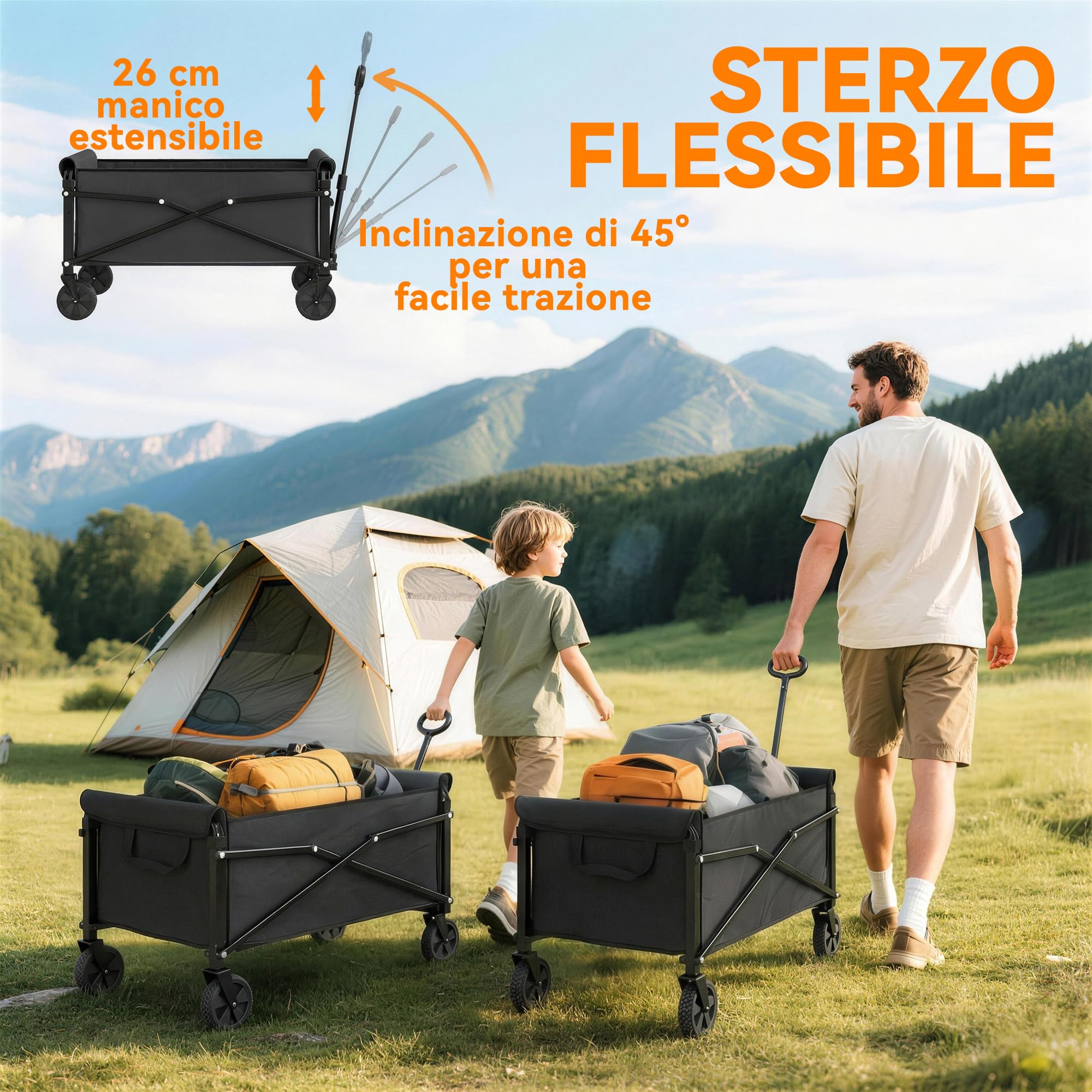 Outsunny Carrello da Giardino da 80L con 4 Ruote Girevoli, Carrello Spiaggia Pieghevole in Metallo e Tessuto Oxford con Maniglia Girevole e Regolabile, per Giardino, Campeggio, 78x47.5x92 cm, Nero