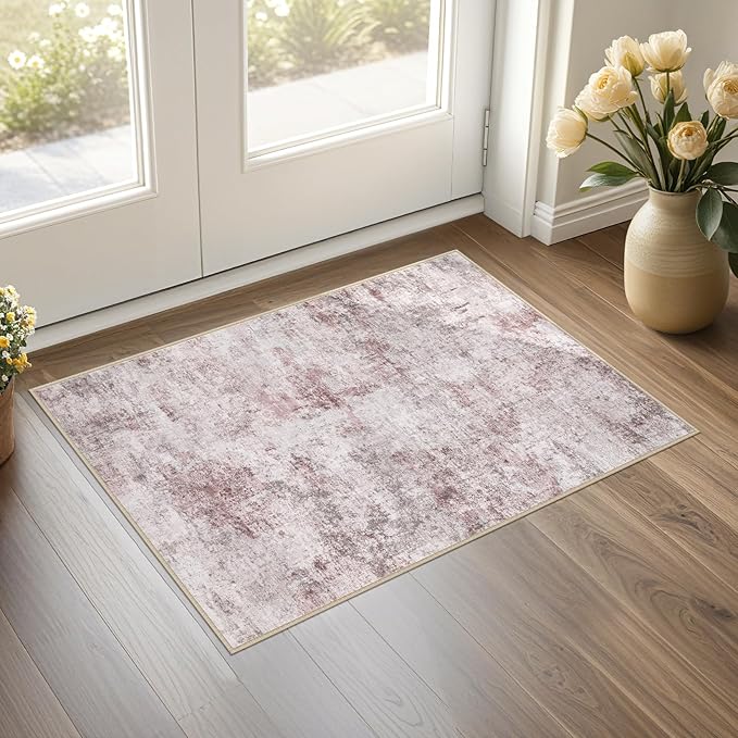 2x3 Area Rug Living Room Rugs - Washable Neutral Modern Abstract Soft Thin Large Rug Indoor Floor No Slip Rug Carpet for Bedroom Under Dining Table Home Office Decor - Pink Grey