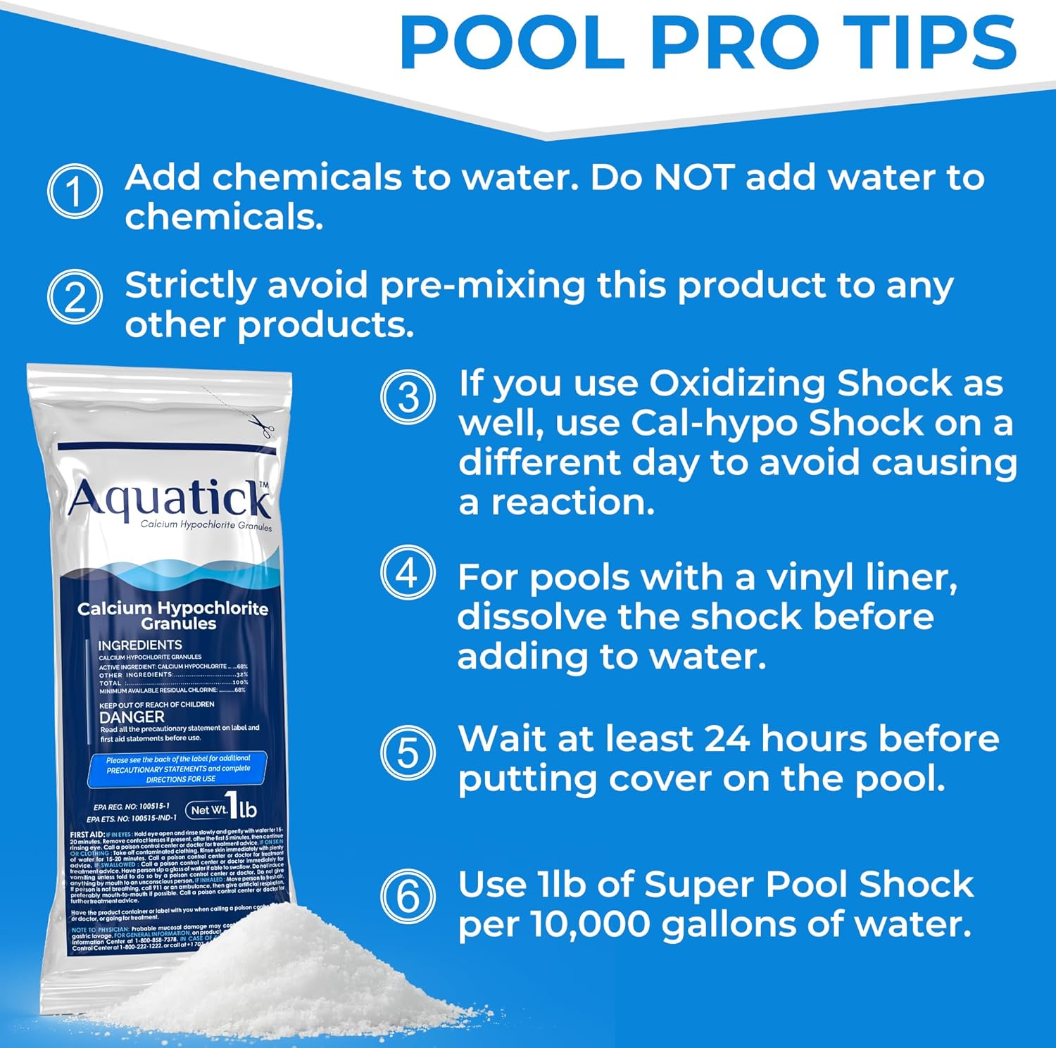 Pro-Grade Chlorine Pool Shock, 68% Cal-Hypo Granular Sanitizer, Prevents Bacteria & Algae, Restores Crystal Clear Water - Shock Treatment, Swimming Pool Chemical - 6 X 1lb